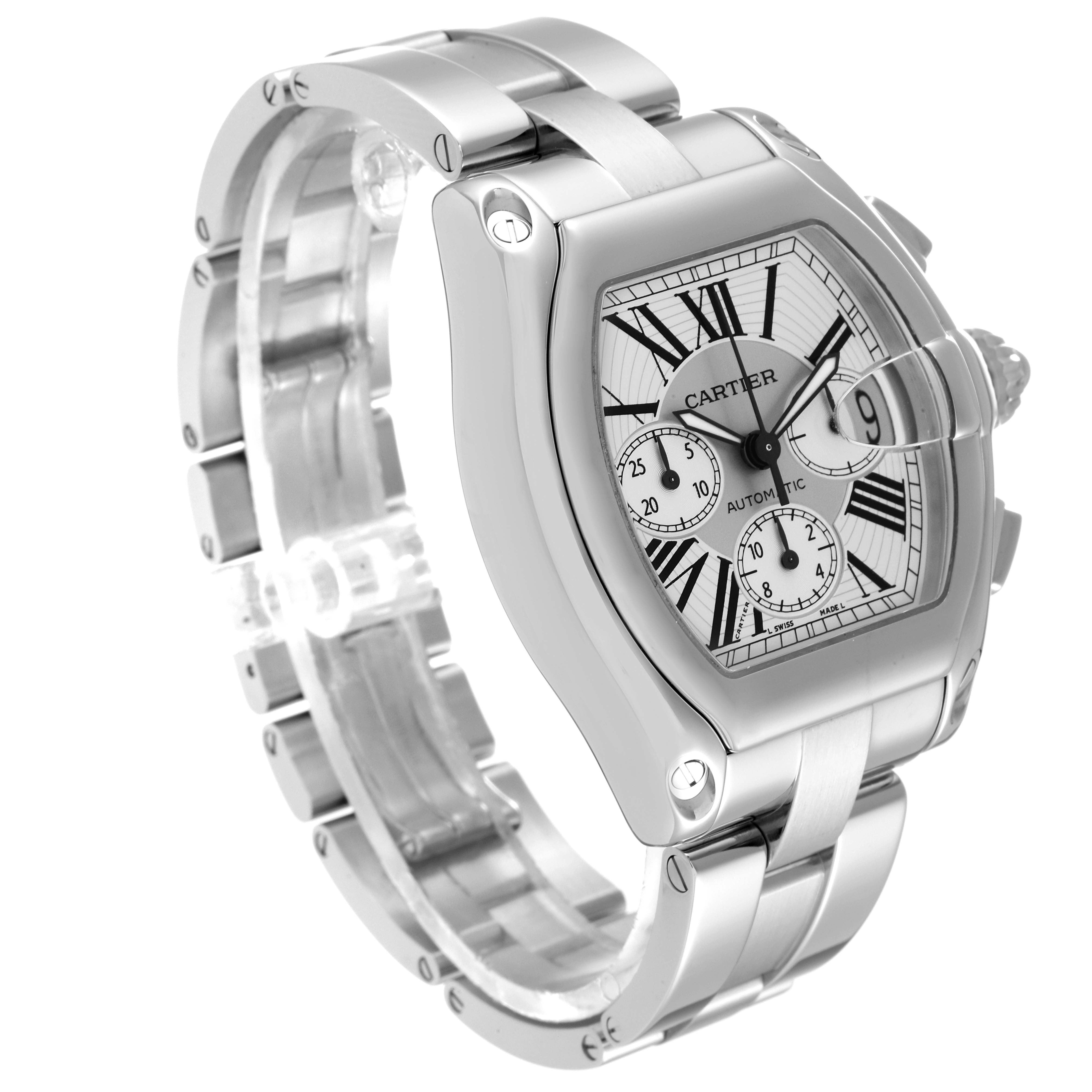 The Cartier Roadster W62019X6 Men's Stainless Steel Silver Dial W62019X6 Men's Stainless Steel Silver Dial watch is shown at an angle highlighting the face, case, and stainless steel bracelet.