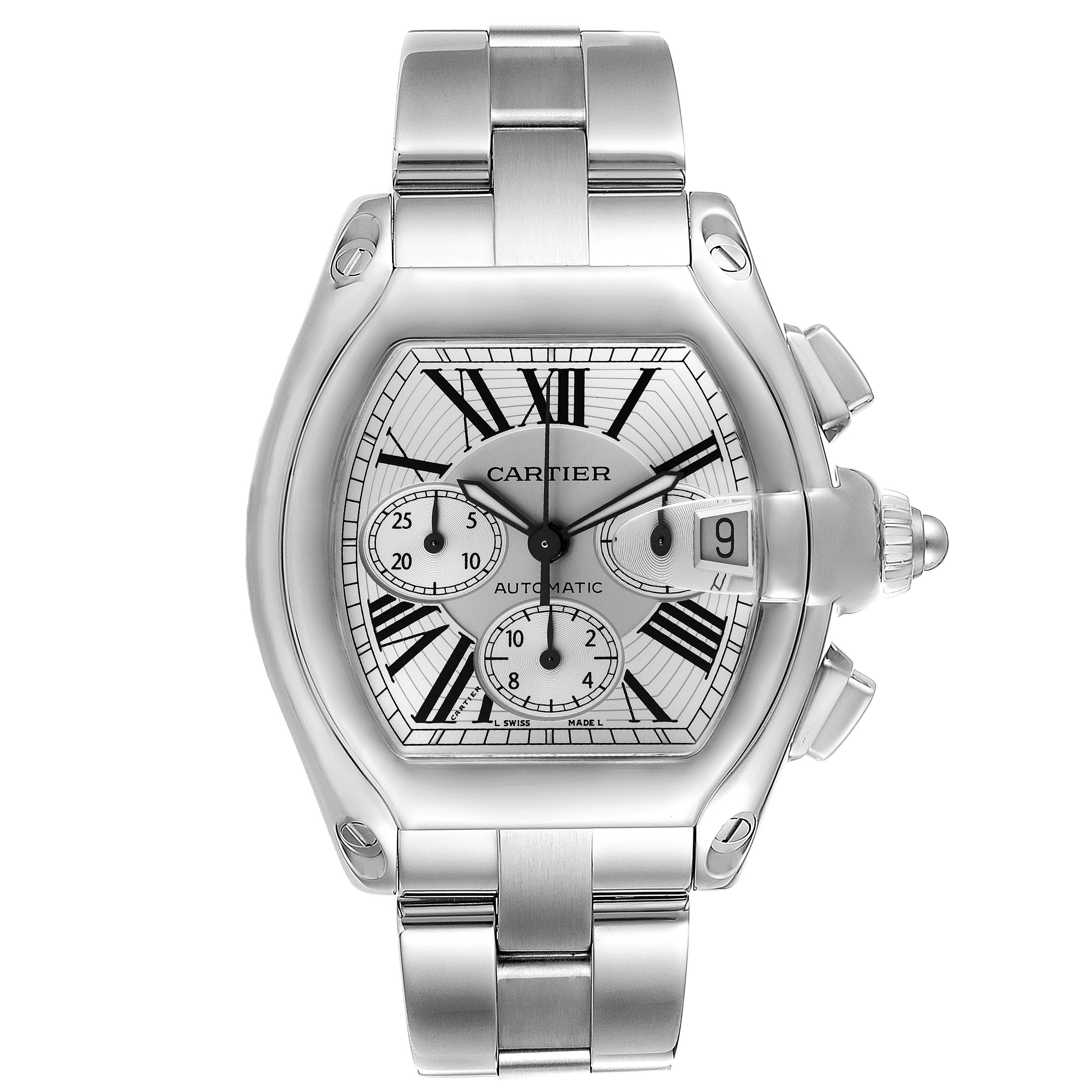 The image shows a front view of the Cartier Roadster W62019X6 Men's Stainless Steel Silver Dial W62019X6 Men's Stainless Steel Silver Dial watch, highlighting the face, dials, and stainless steel bracelet.