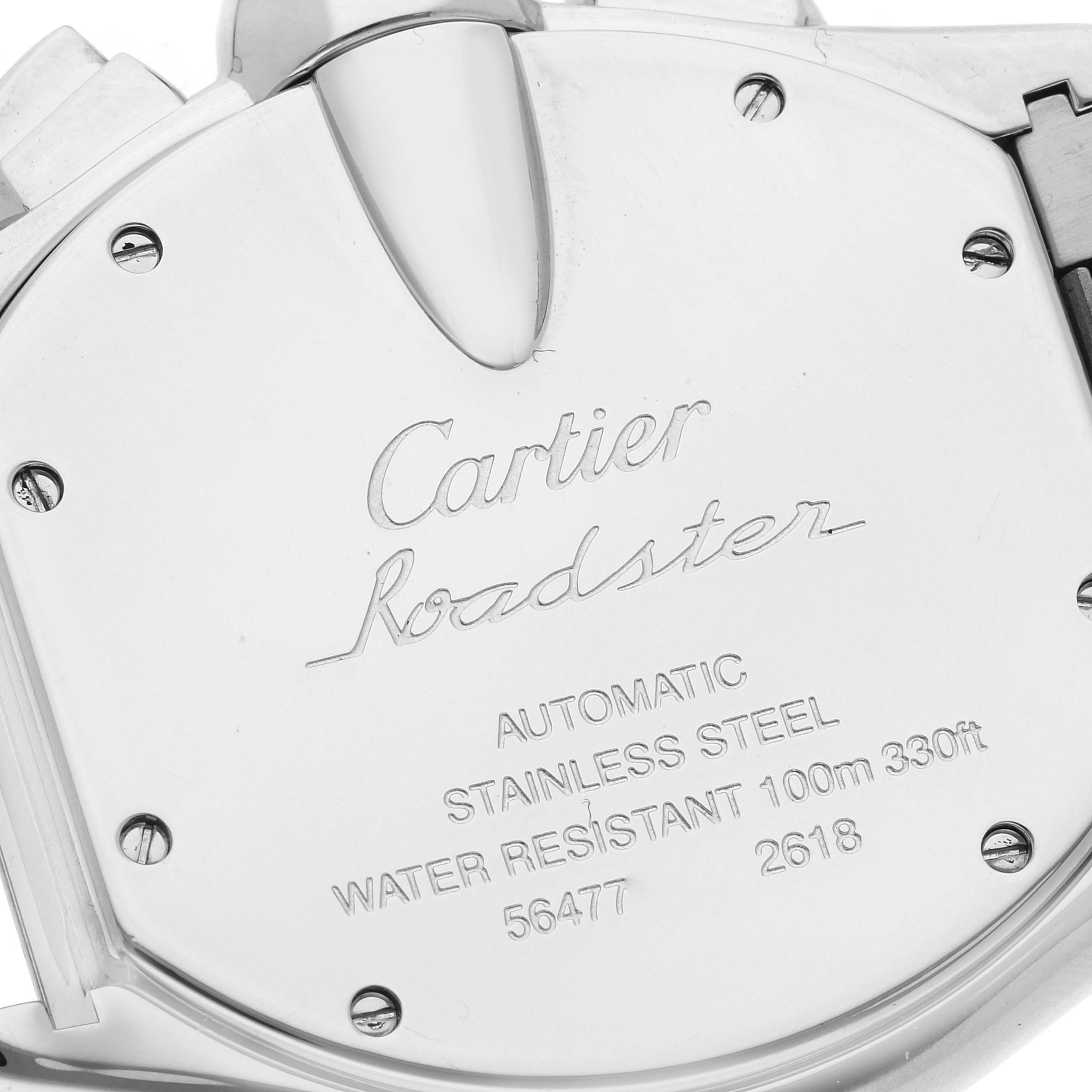 The image shows the back case of the Cartier Roadster W62019X6 Men's Stainless Steel Silver Dial W62019X6 Men's Stainless Steel Silver Dial watch, displaying engraved details and specifications.
