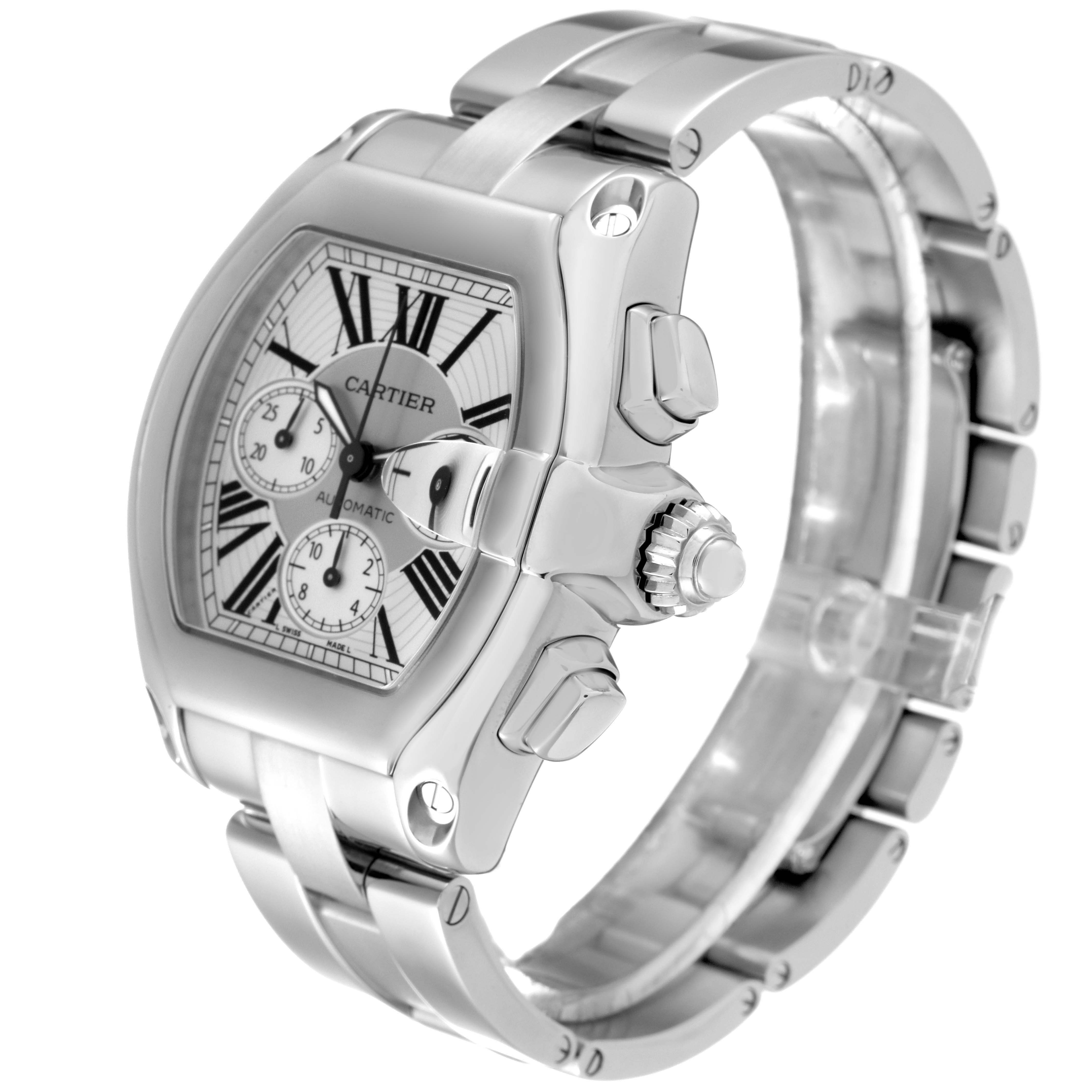 This image shows a Cartier Roadster W62019X6 Men's Stainless Steel Silver Dial W62019X6 Men's Stainless Steel Silver Dial watch from a three-quarter side angle, highlighting the dial, crown, and bracelet.
