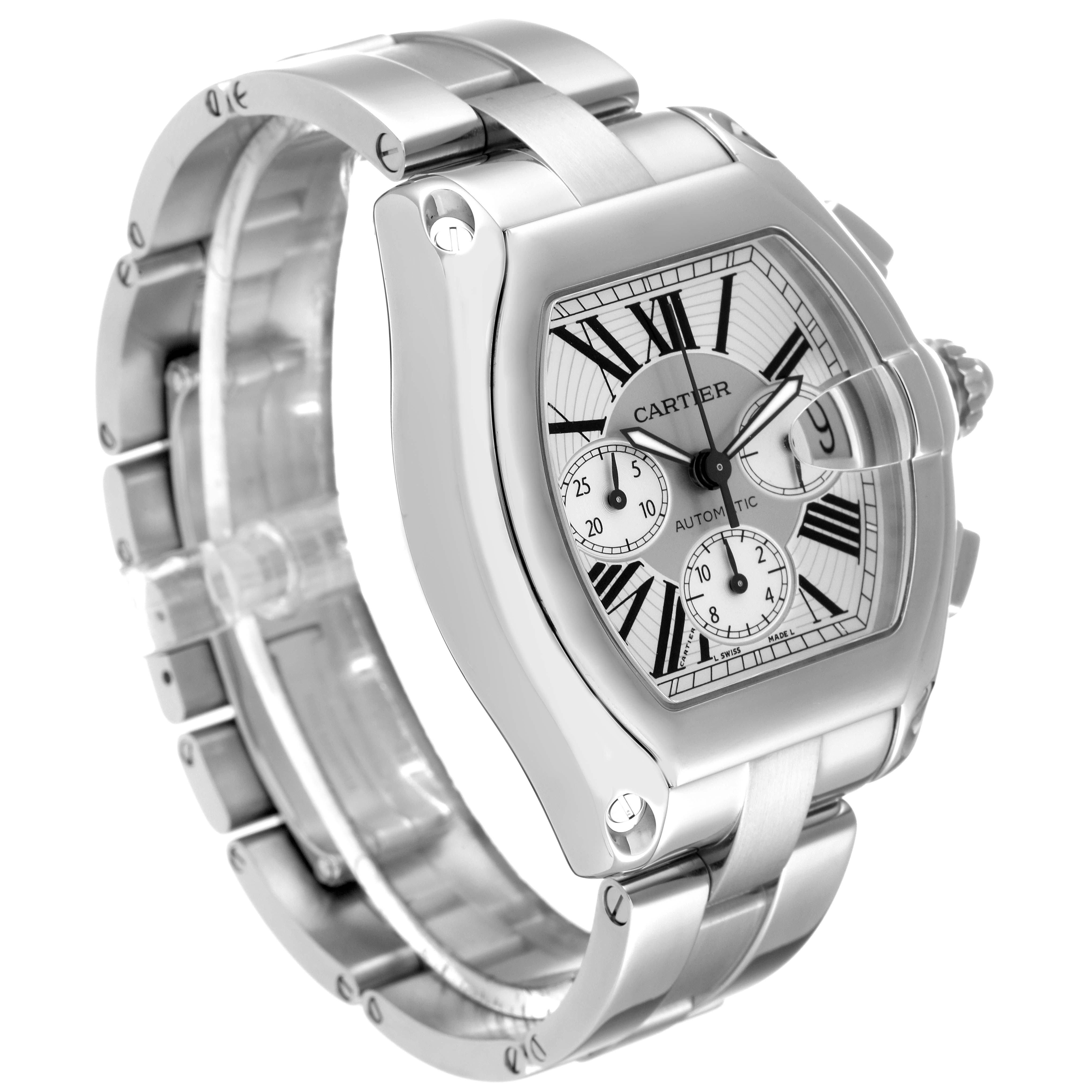 The image shows a Cartier Roadster W62019X6 Men's Stainless Steel Silver Dial W62019X6 Men's Stainless Steel Silver Dial watch at an angled top-side view, detailing the face, bezel, and bracelet.