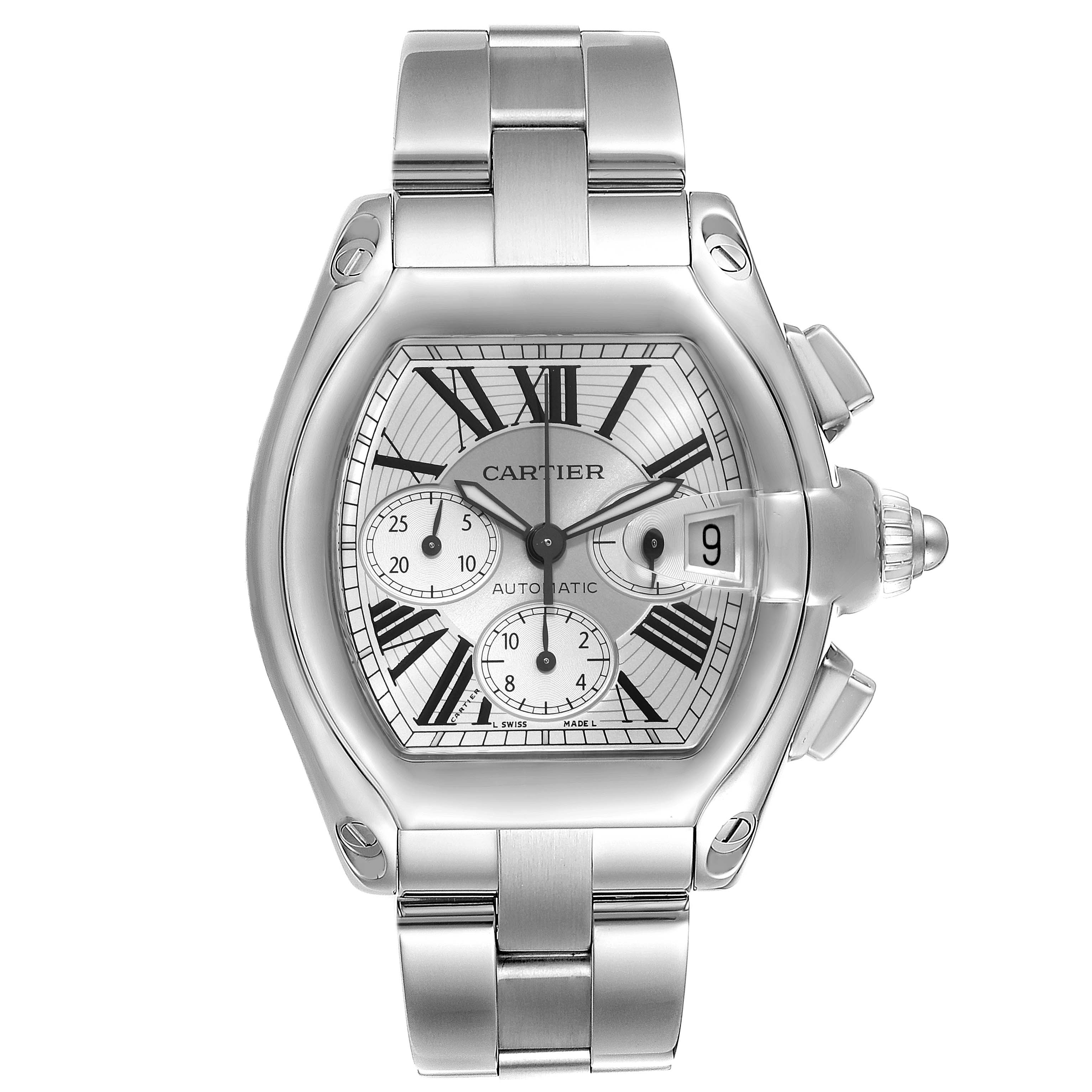 The image shows a frontal view of the Cartier Roadster W62019X6 Men's Stainless Steel Silver Dial W62019X6 Men's Stainless Steel Silver Dial watch, displaying the face, bezel, crown, and metal bracelet.