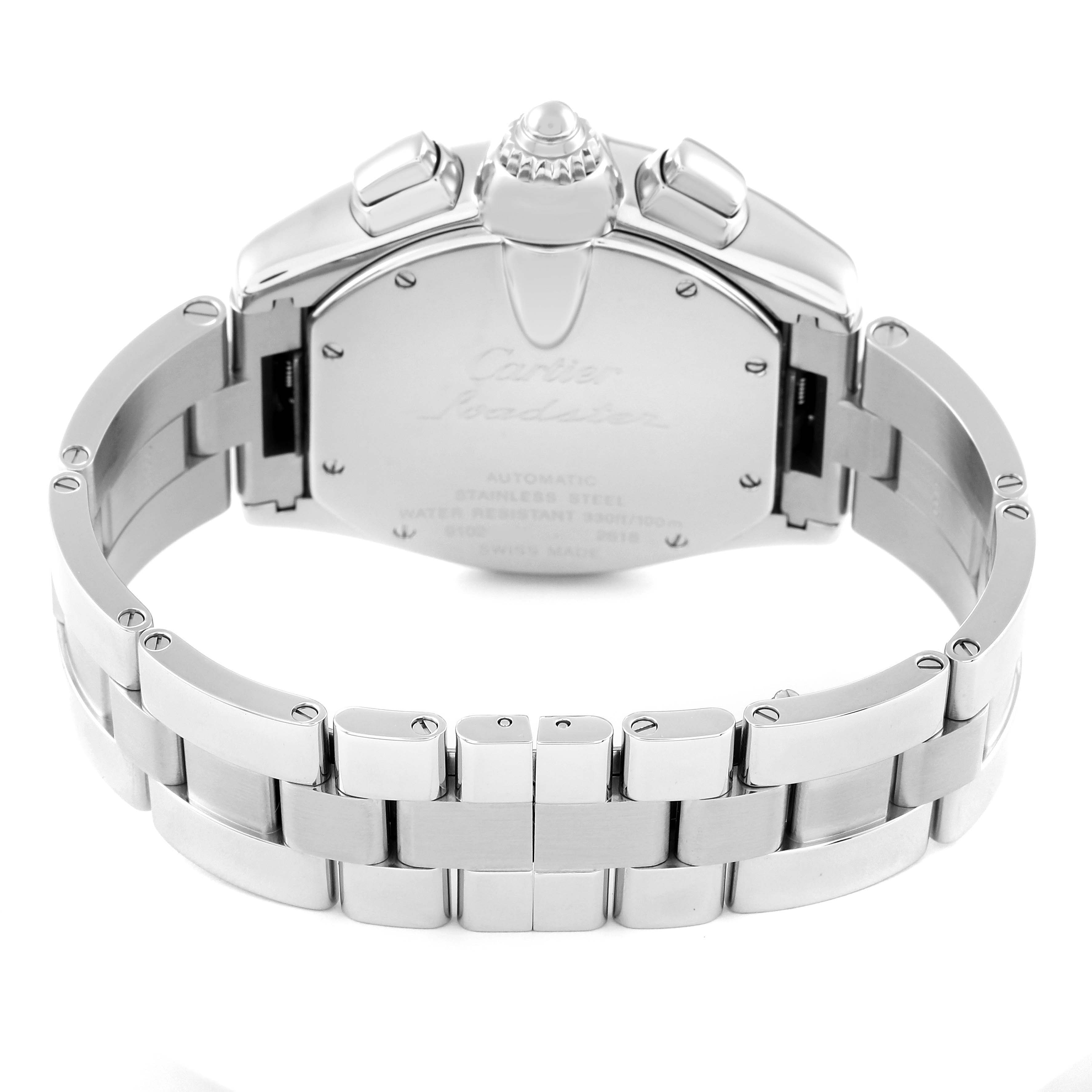 The image shows the back and side views of the Cartier Roadster W62019X6 Men's Stainless Steel Silver Dial W62019X6 Men's Stainless Steel Silver Dial watch, specifically highlighting the bracelet and case back.