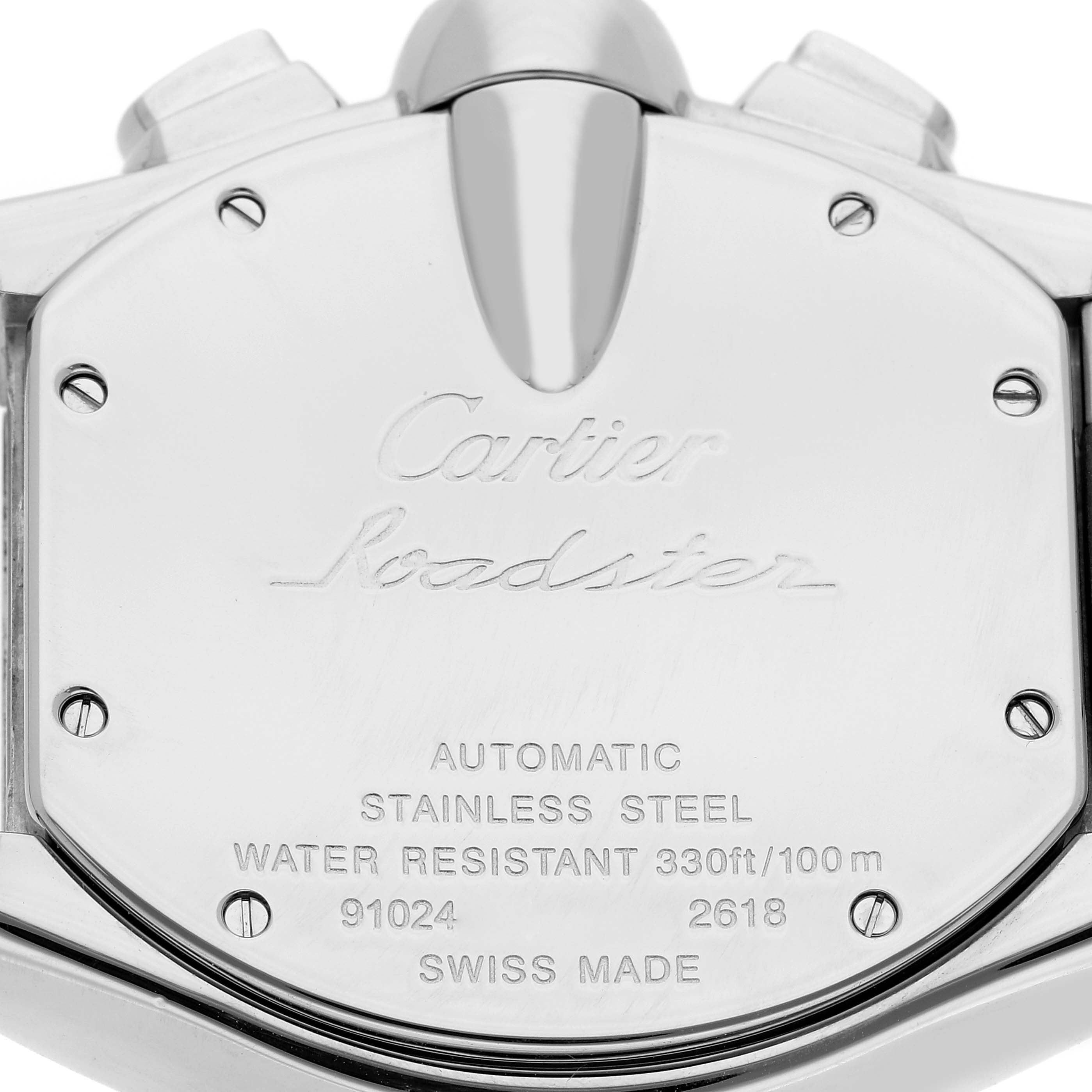 The image shows the back case of a Cartier Roadster W62019X6 Men's Stainless Steel Silver Dial W62019X6 Men's Stainless Steel Silver Dial watch, highlighting the engraved details and specifications.