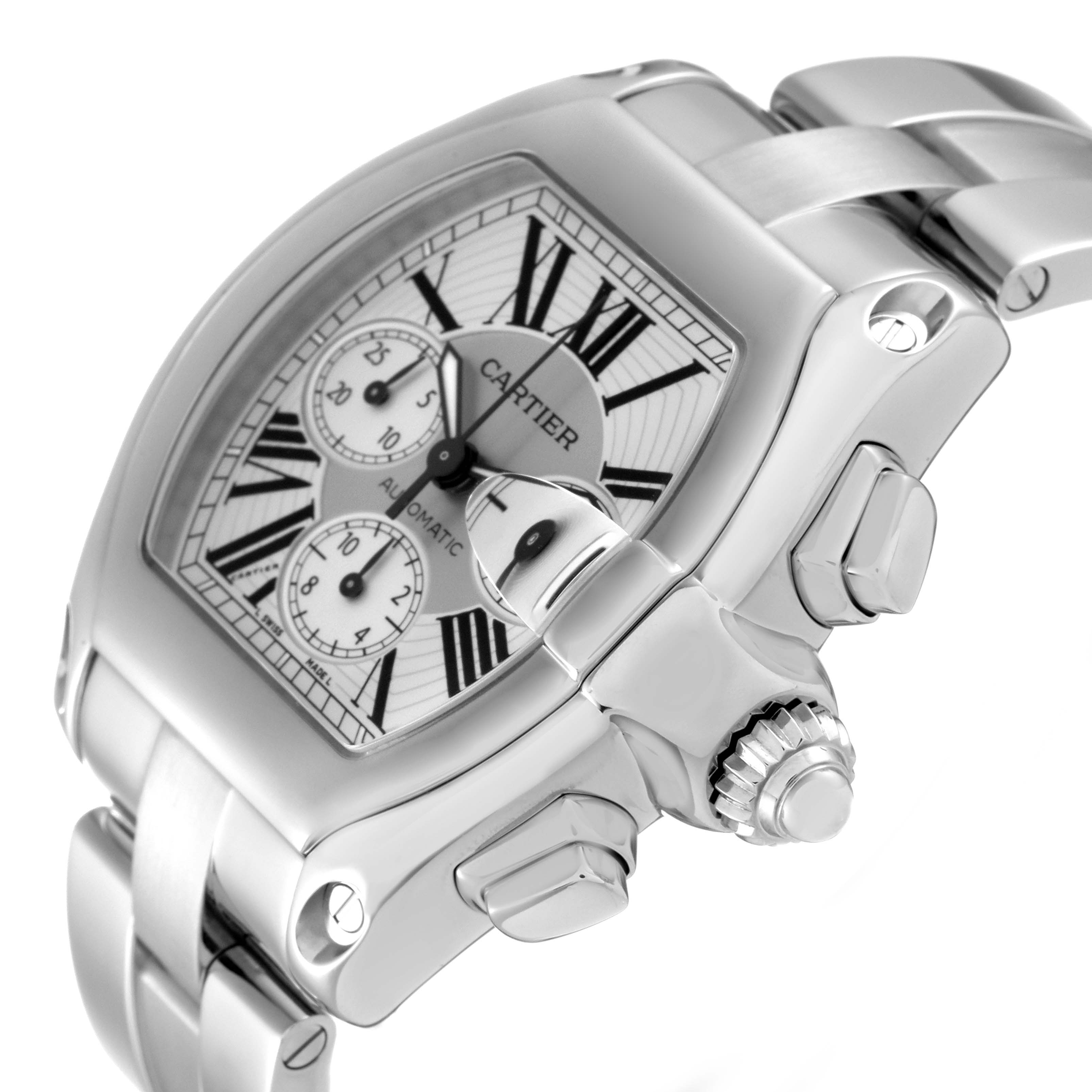 The image shows a side view of the Cartier Roadster W62019X6 Men's Stainless Steel Silver Dial W62019X6 Men's Stainless Steel Silver Dial watch, focusing on the dial, crown, and part of the bracelet.