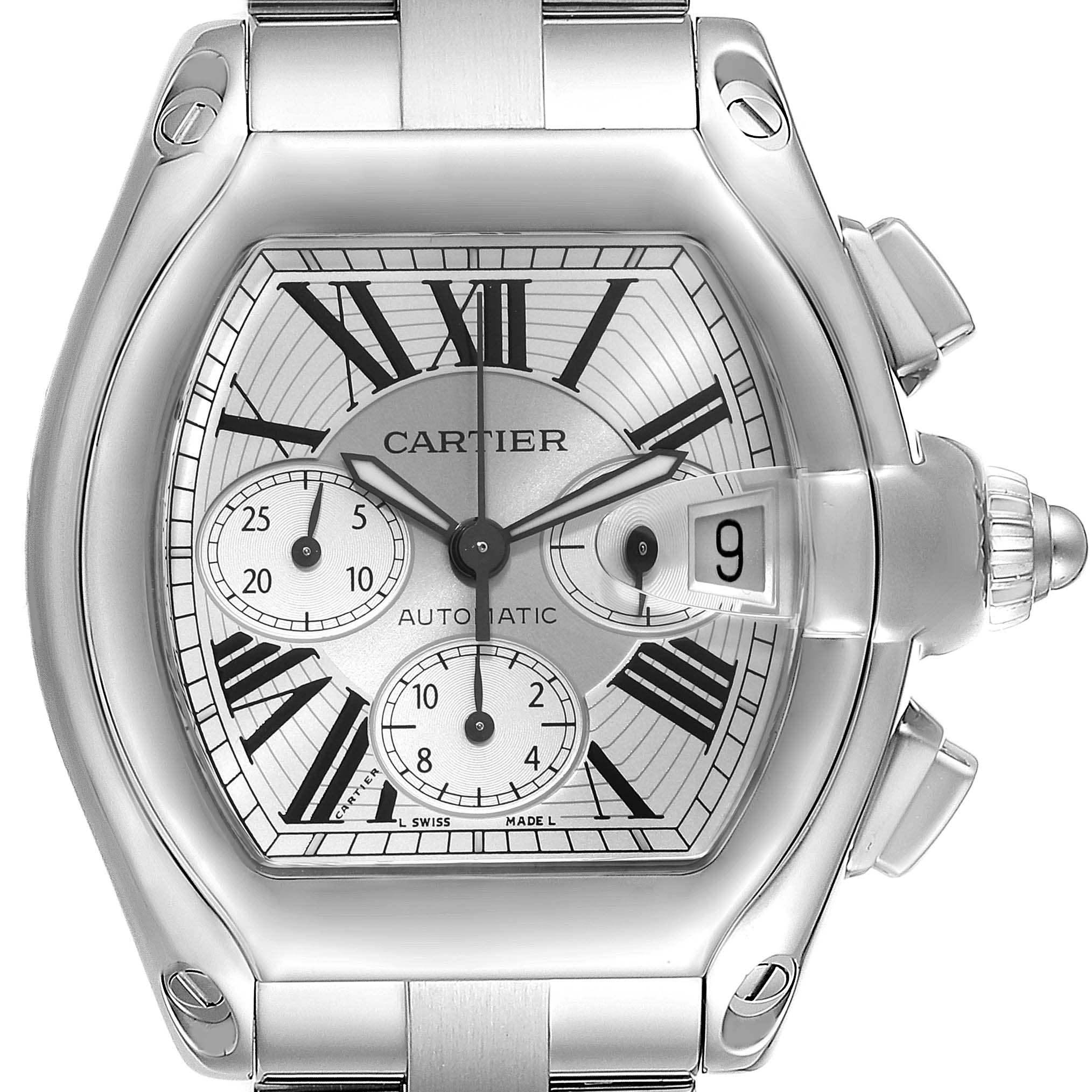 This image shows a close-up of the Cartier Roadster W62019X6 Men's Stainless Steel Silver Dial W62019X6 Men's Stainless Steel Silver Dial watch face, highlighting the dial, hands, sub-dials, and date window.