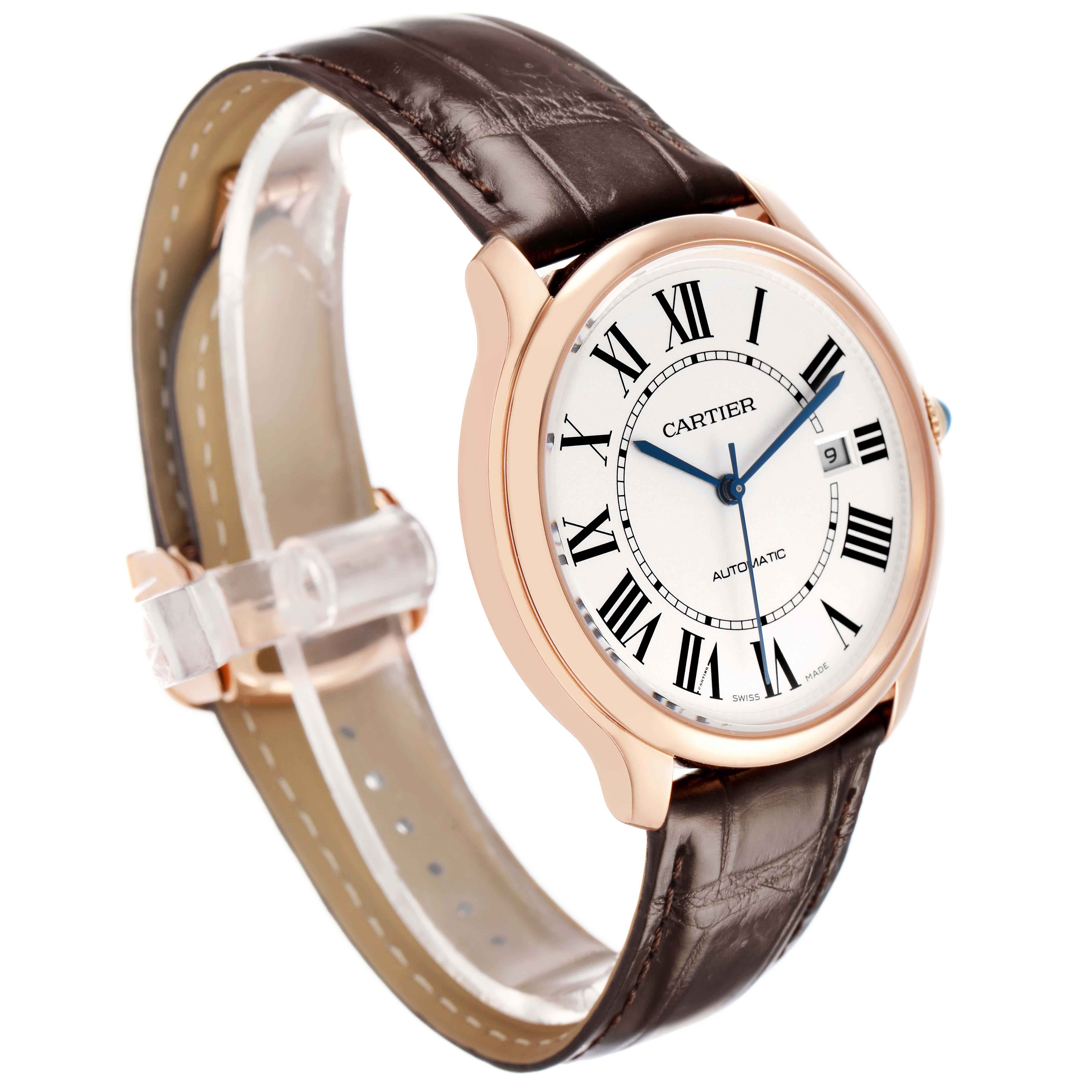 The Cartier Ronde WGRN0011 Men's Rose Gold Silver Dial watch is shown at a side angle, displaying its face, Roman numerals, and leather strap.