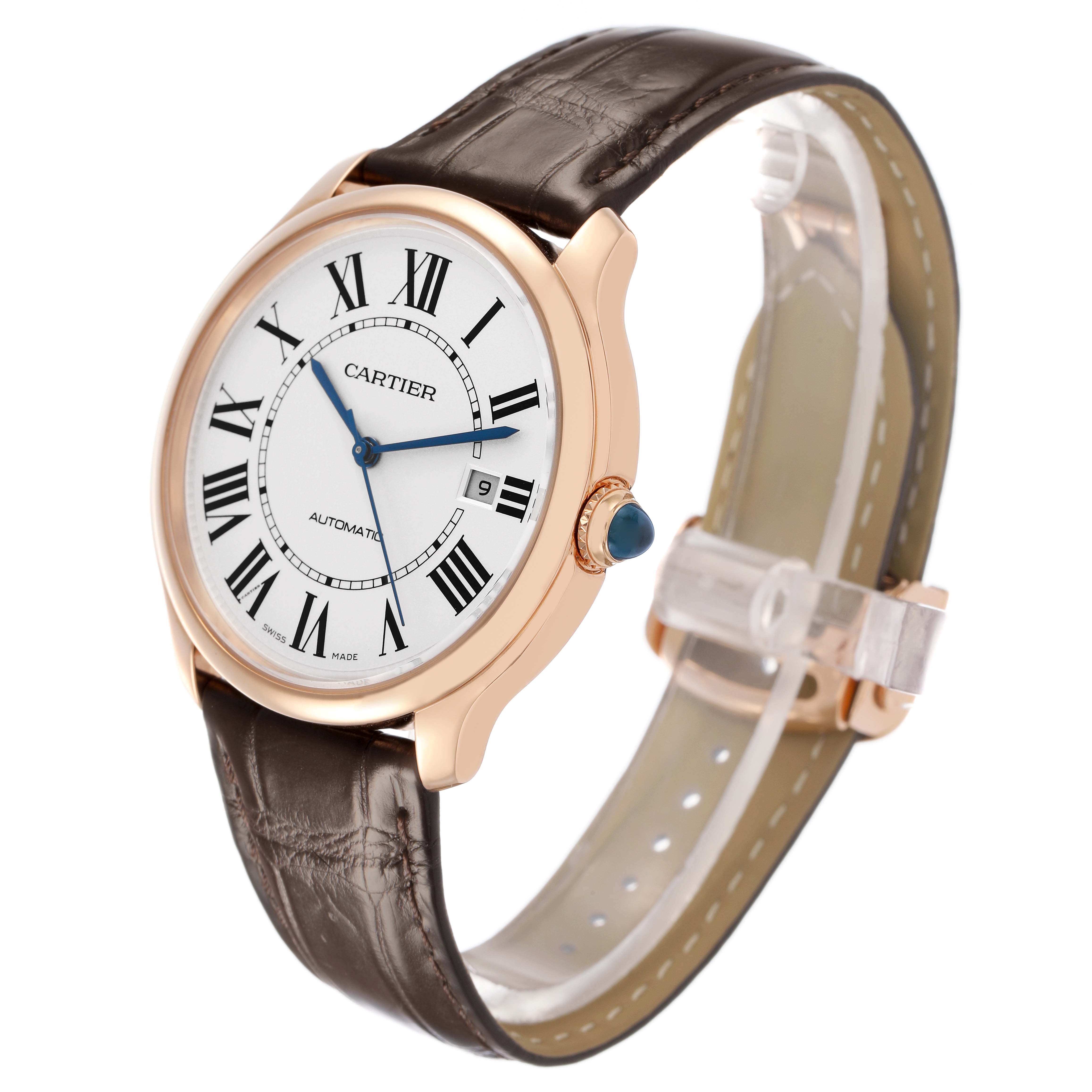 The Ronde model by Cartier is shown at a three-quarter angle, highlighting the dial, case, crown, and leather strap.