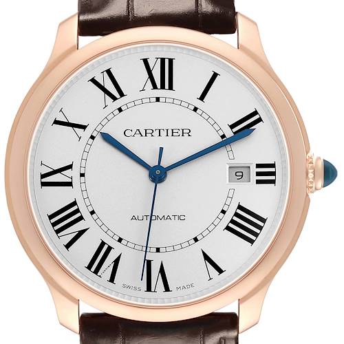 The Cartier Ronde WGRN0011 Men's Rose Gold Silver Dial watch is shown from the front, displaying its face, Roman numerals, blue hands, date window, and crown.
