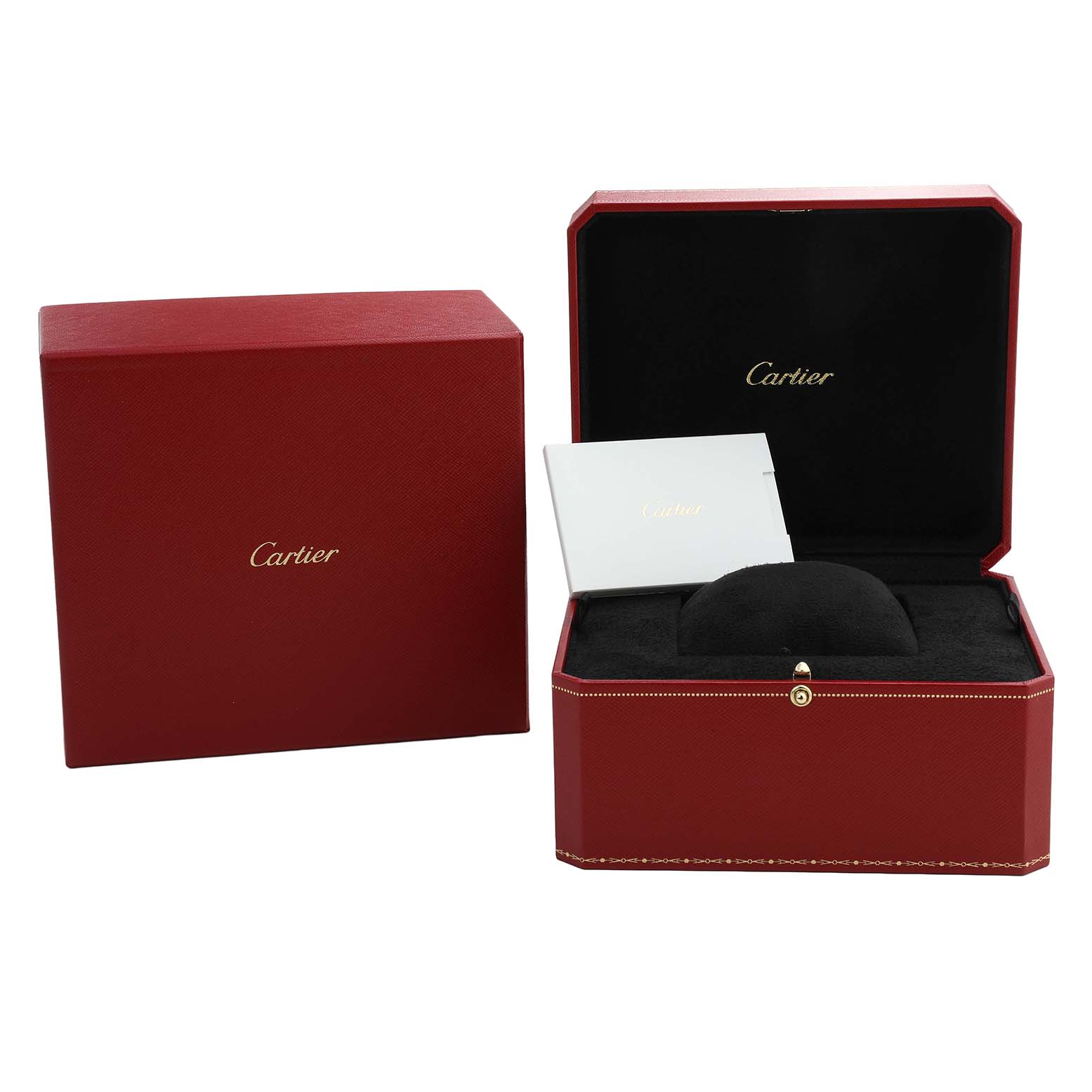 The Cartier Ronde WGRN0011 Men's Rose Gold Silver Dial model's packaging is shown, featuring a red box, an open interior, and accompanying documents.