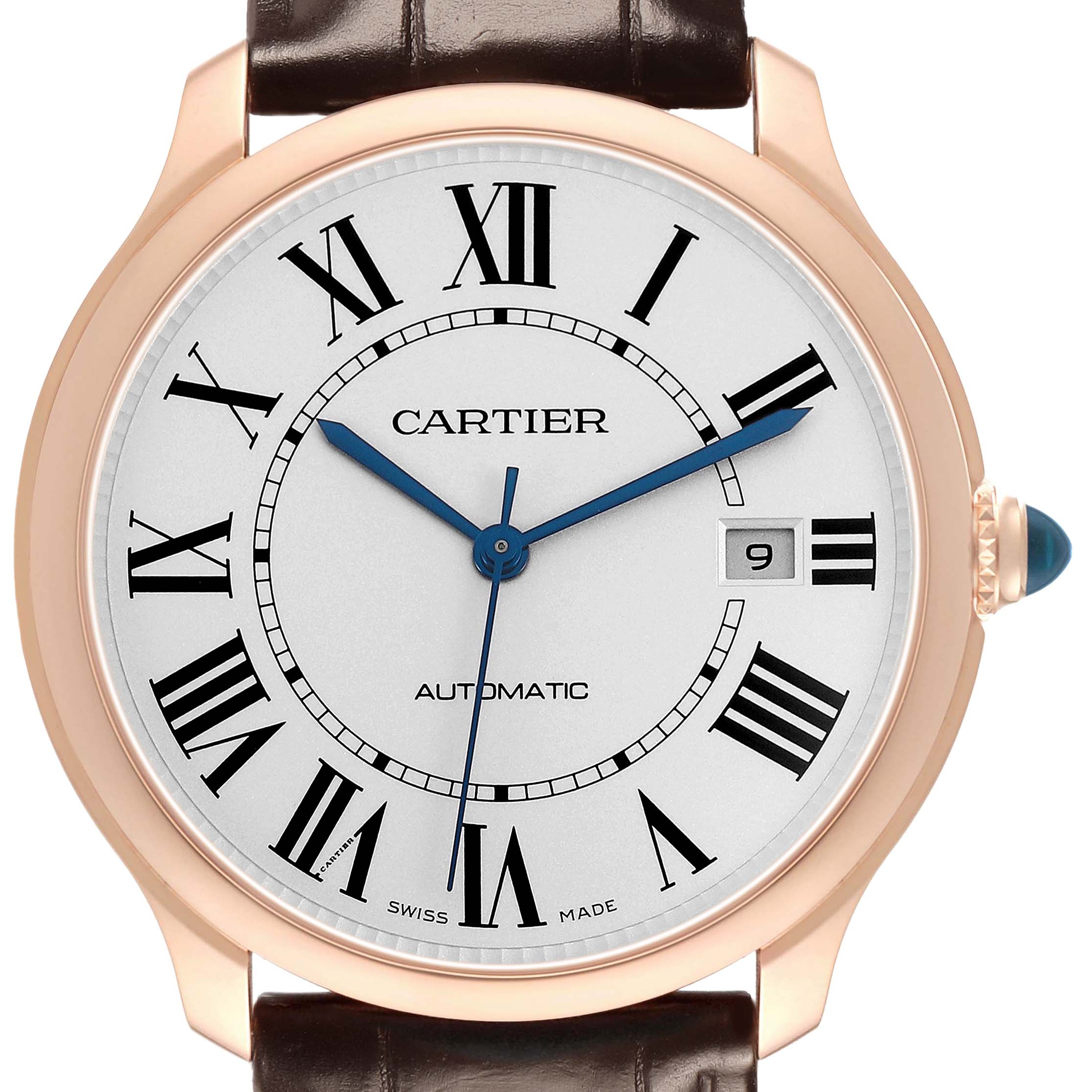 The Cartier Ronde WGRN0011 Men's Rose Gold Silver Dial watch is shown from a front angle, displaying the face with Roman numerals, a date window, and a blue crown.