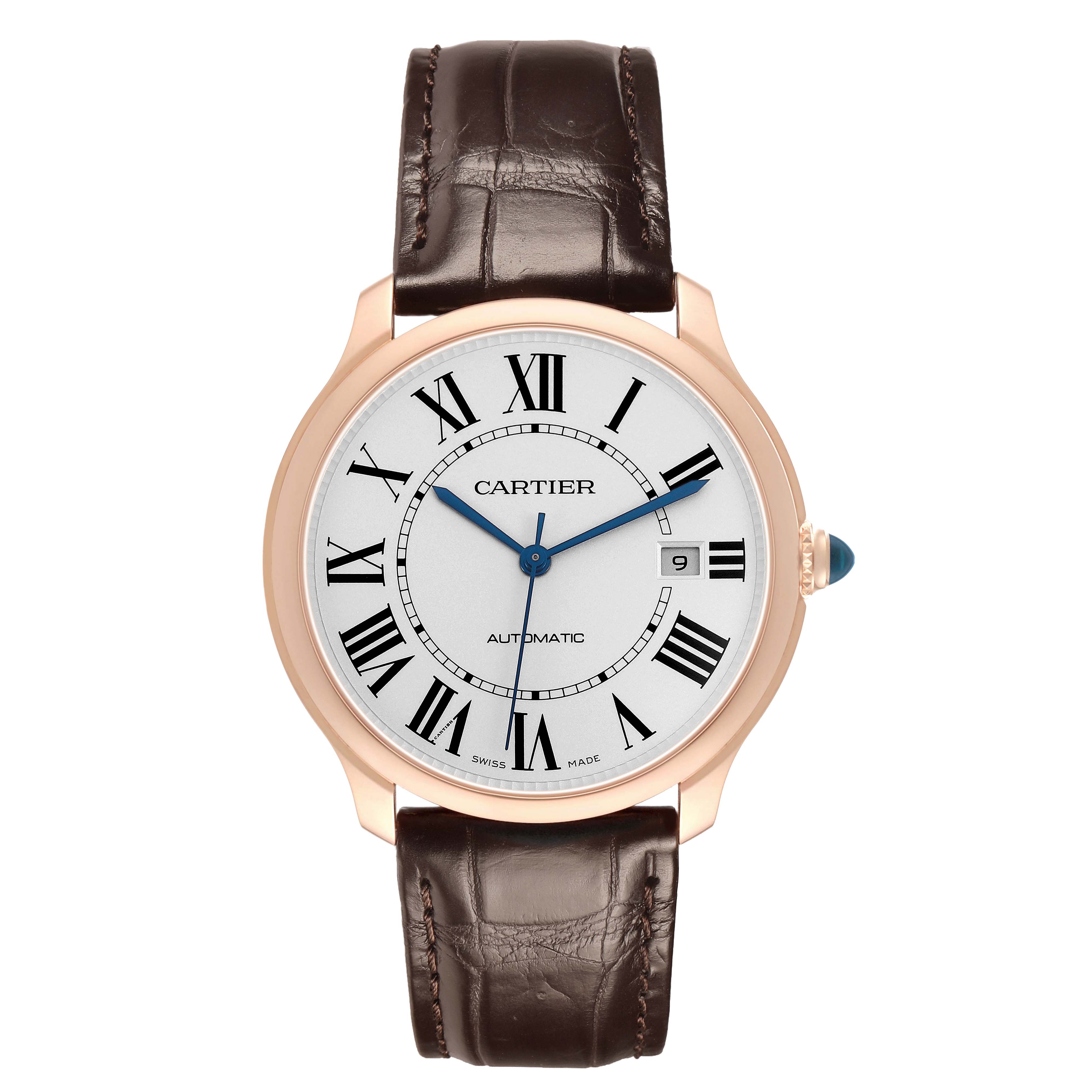 The Cartier Ronde WGRN0011 Men's Rose Gold Silver Dial watch is shown from the front, displaying its dial, hands, Roman numerals, and leather strap.