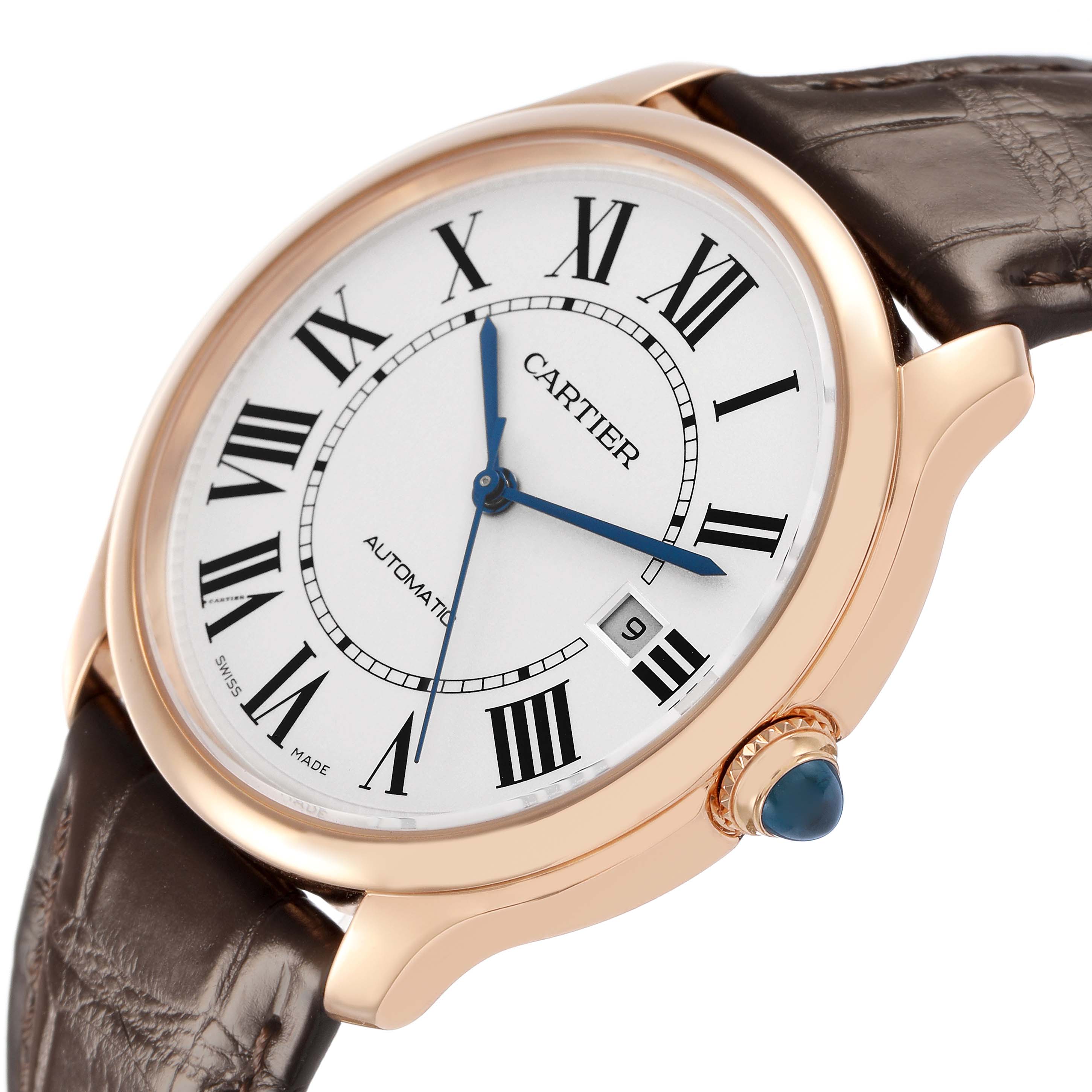 The Cartier Ronde WGRN0011 Men's Rose Gold Silver Dial watch is shown at an angled view, highlighting the face, crown, and part of the leather strap.