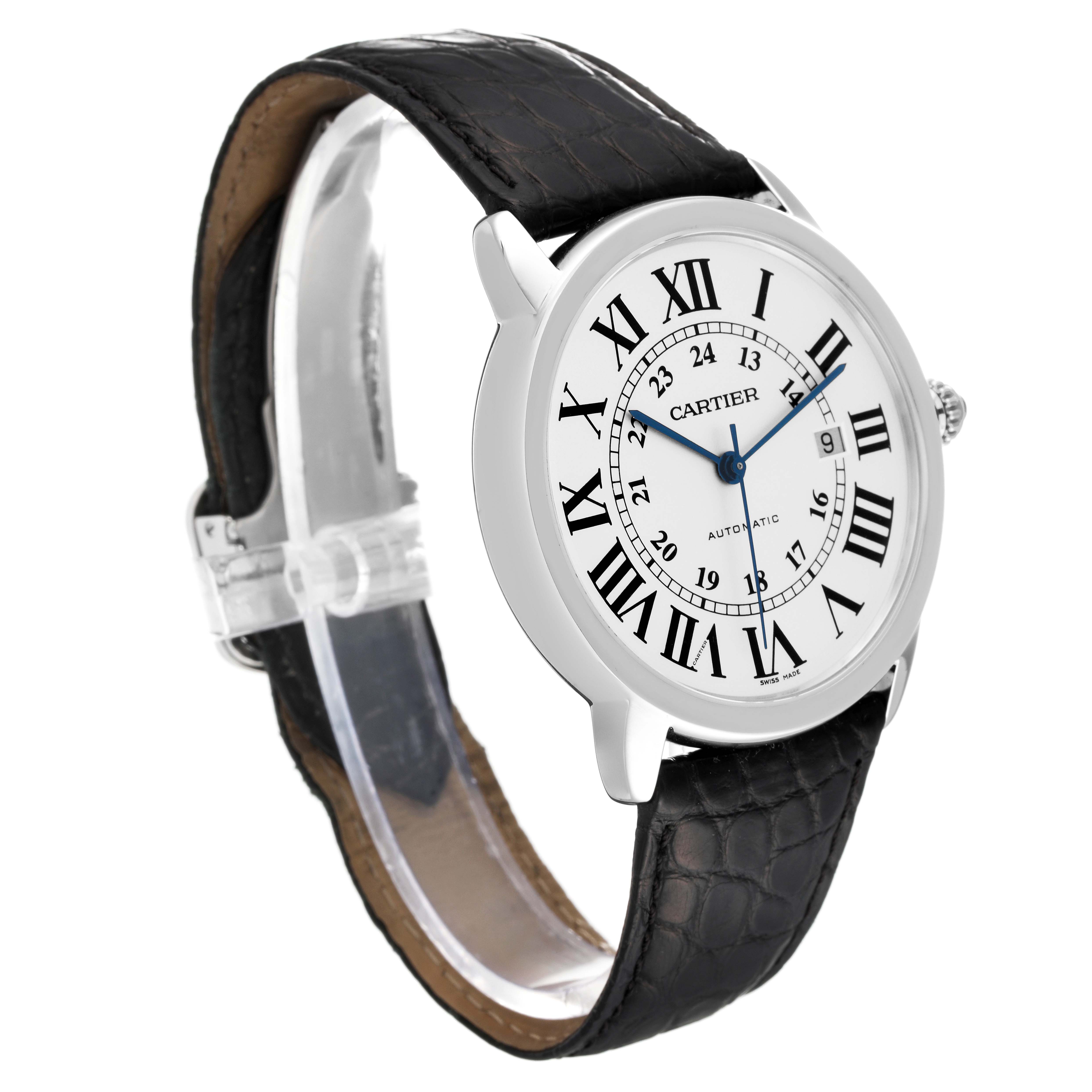 The Cartier Ronde W6701010 Men
s Stainless Steel Silver Dial W6701010 Men
s Stainless Steel Silver Dial watch is shown at an oblique angle displaying its face, black leather strap, and silver frame.