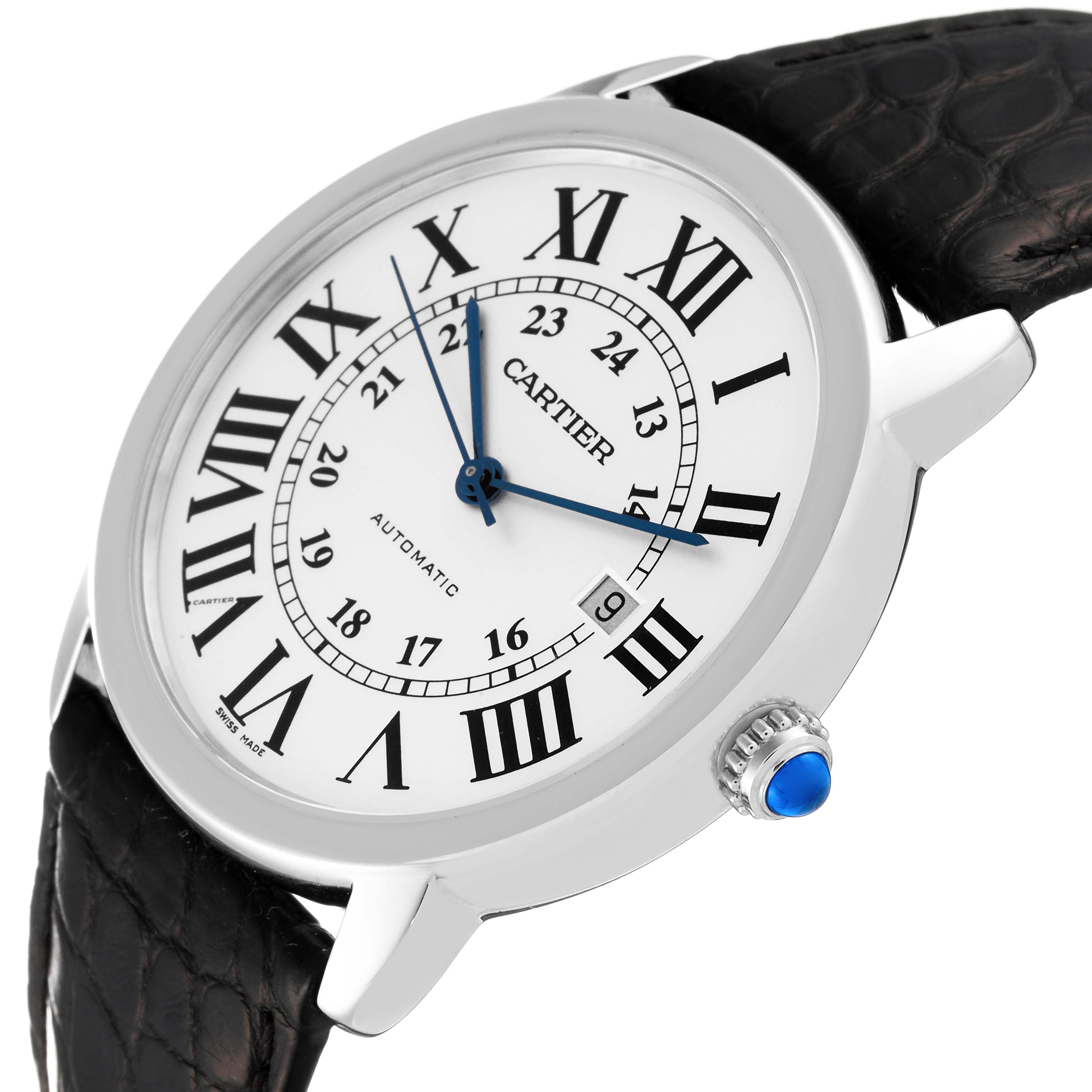 This image shows a Cartier Ronde W6701010 Men
s Stainless Steel Silver Dial W6701010 Men
s Stainless Steel Silver Dial watch at a slight angle, highlighting the dial, Roman numerals, hands, crown, and strap.