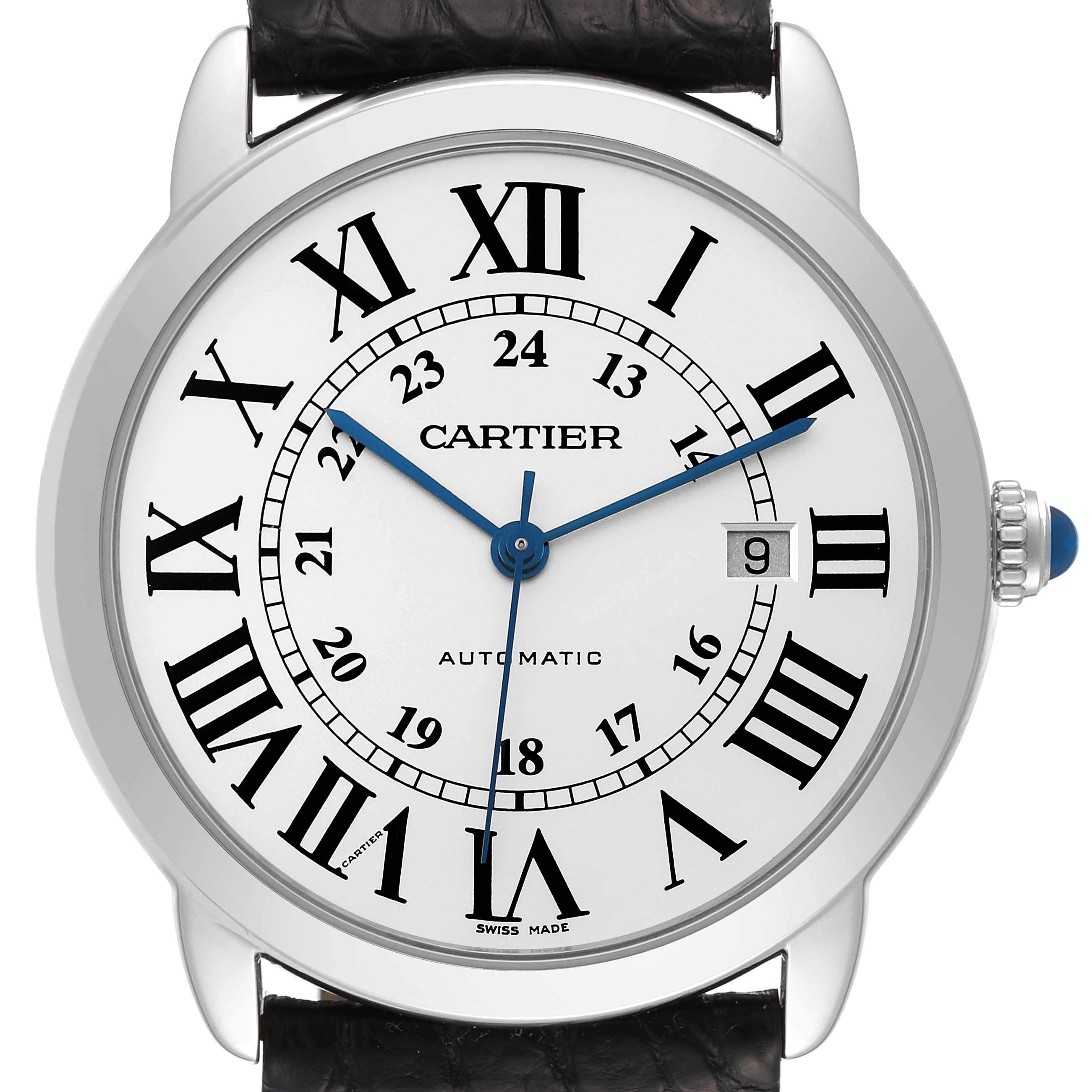 This Cartier Ronde W6701010 Men
s Stainless Steel Silver Dial W6701010 Men
s Stainless Steel Silver Dial model watch is shown from a frontal angle, displaying its Roman numeral dial, minute track, date window, and crown.