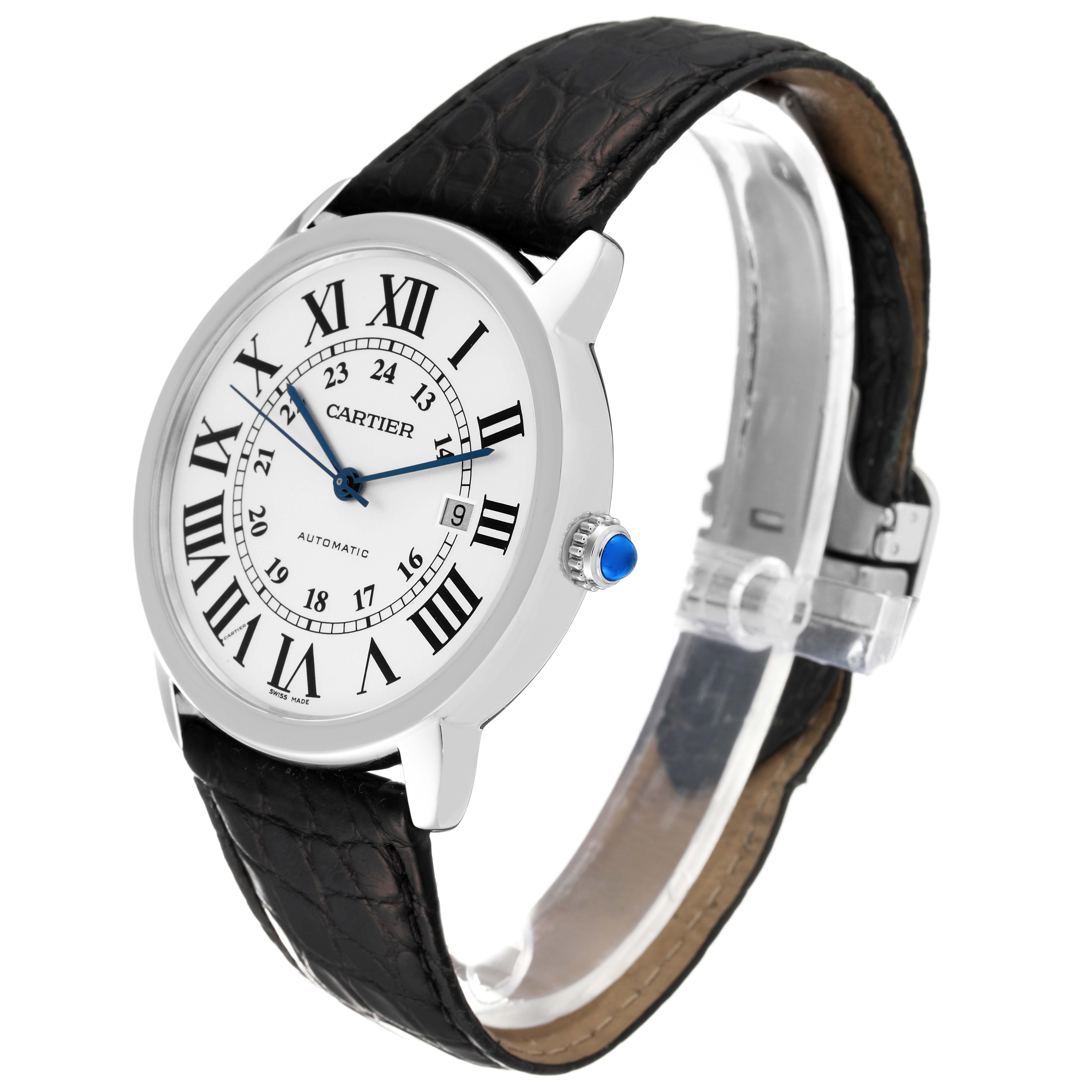 The image shows a side-view angle of a Cartier Ronde W6701010 Men
s Stainless Steel Silver Dial W6701010 Men
s Stainless Steel Silver Dial model watch, highlighting the face, crown, and leather strap.