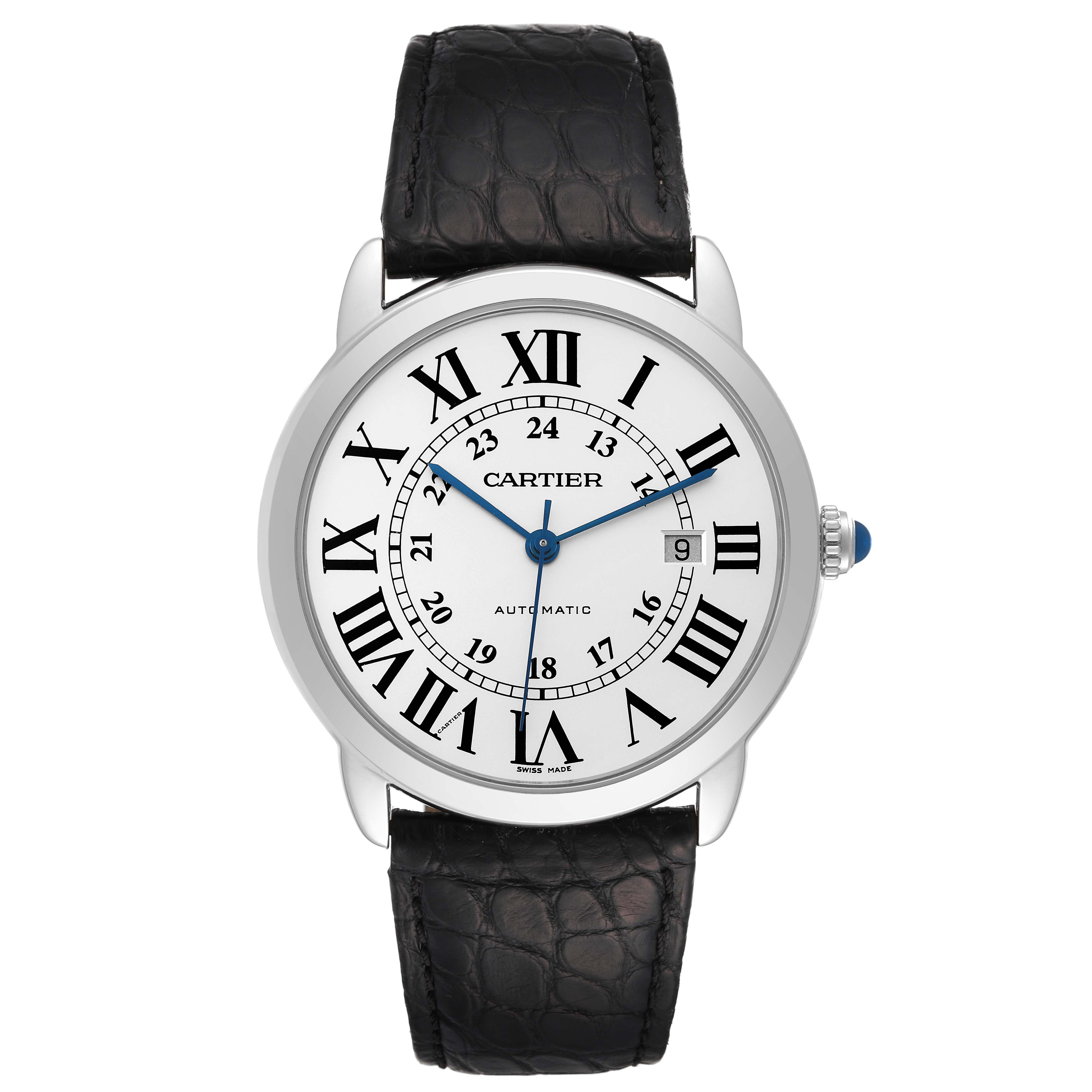 The image shows a Cartier Ronde W6701010 Men
s Stainless Steel Silver Dial W6701010 Men
s Stainless Steel Silver Dial watch from a front angle, displaying its face, strap, and crown.