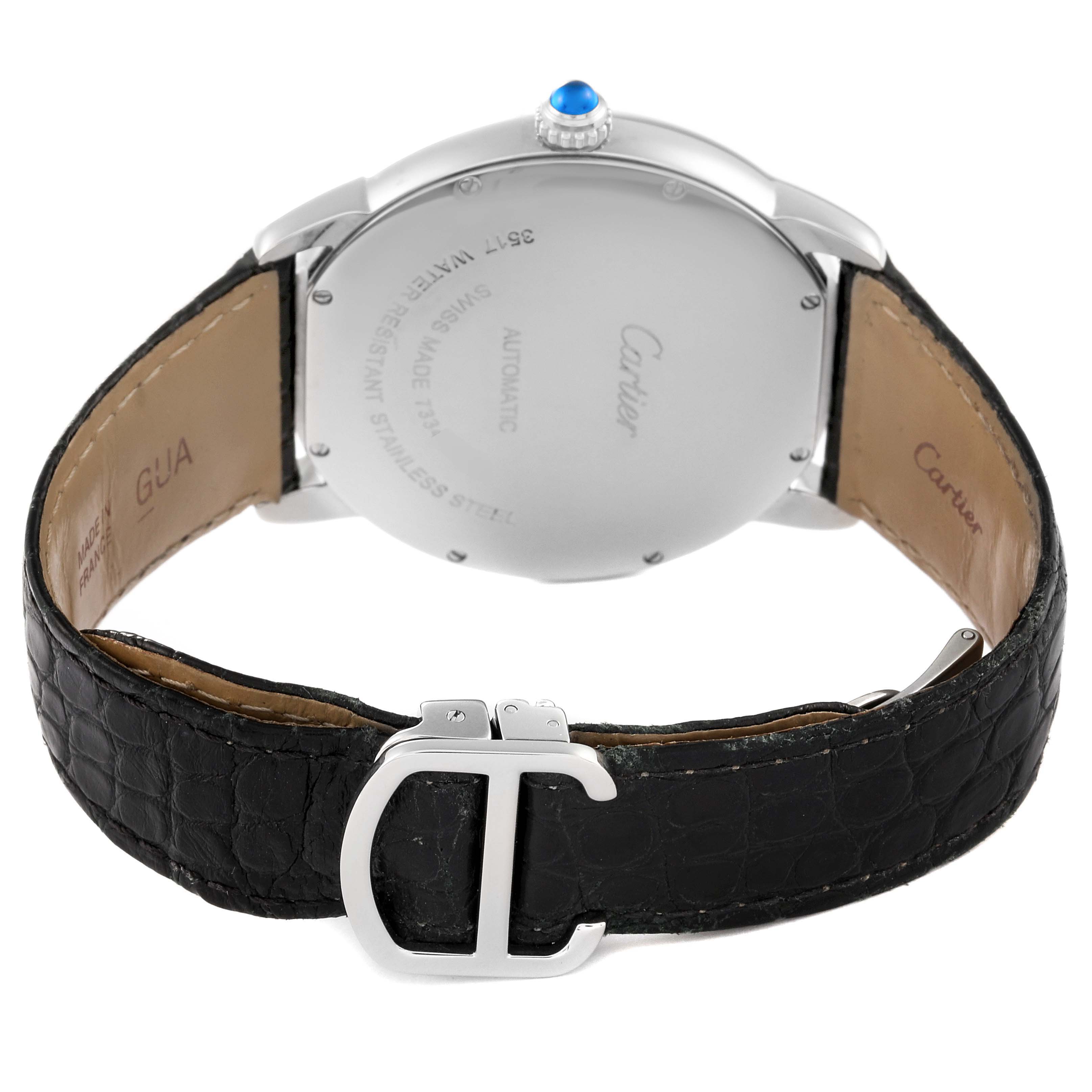 This image shows the back view of a Cartier Ronde W6701010 Men
s Stainless Steel Silver Dial W6701010 Men
s Stainless Steel Silver Dial watch, displaying its case back, crown, and leather strap with buckle.