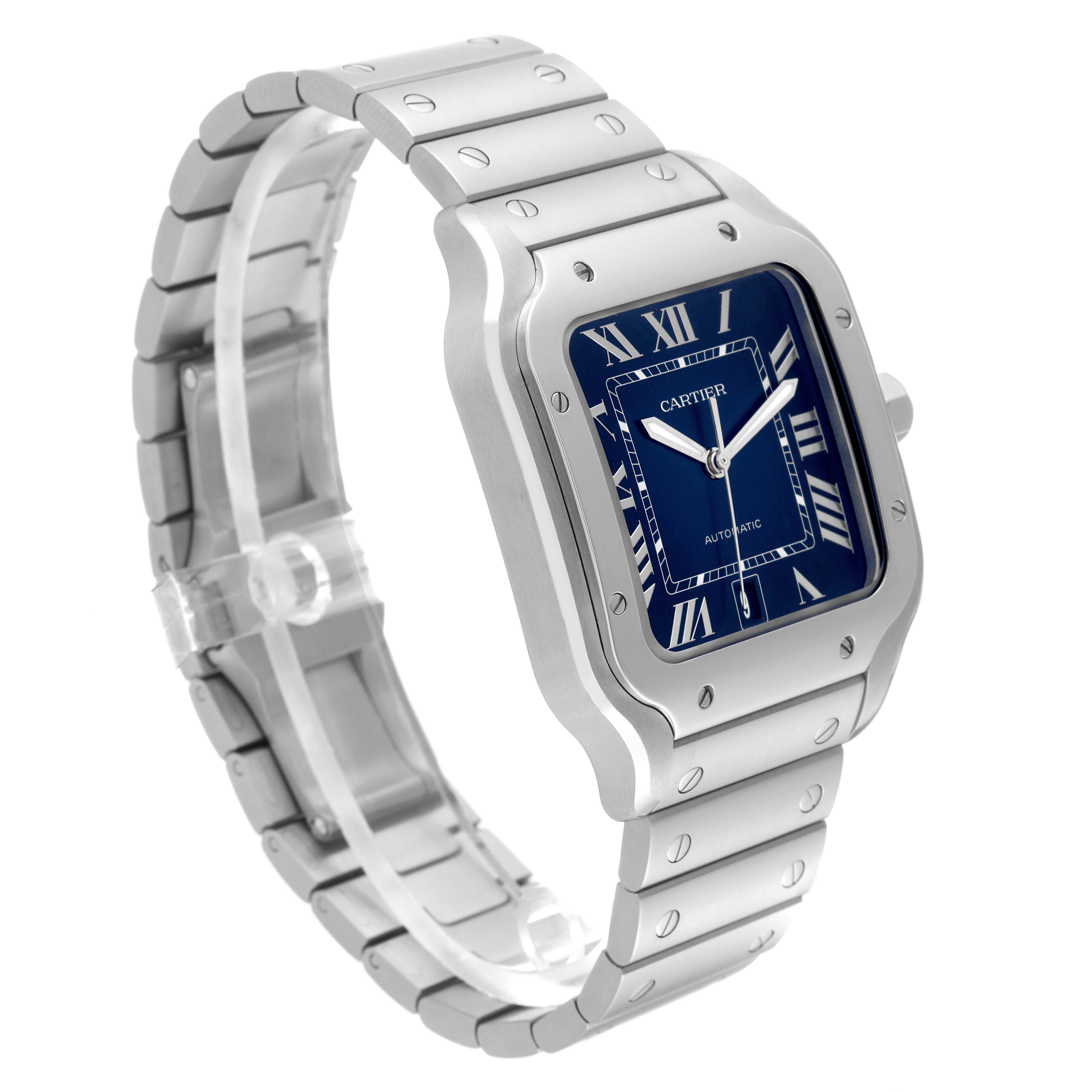 The Cartier Santos WSSA0030 Men's Stainless Steel Blue Dial WSSA0030 Men's Stainless Steel Blue Dial watch is shown at an angle highlighting its face, bezel, and metal bracelet.