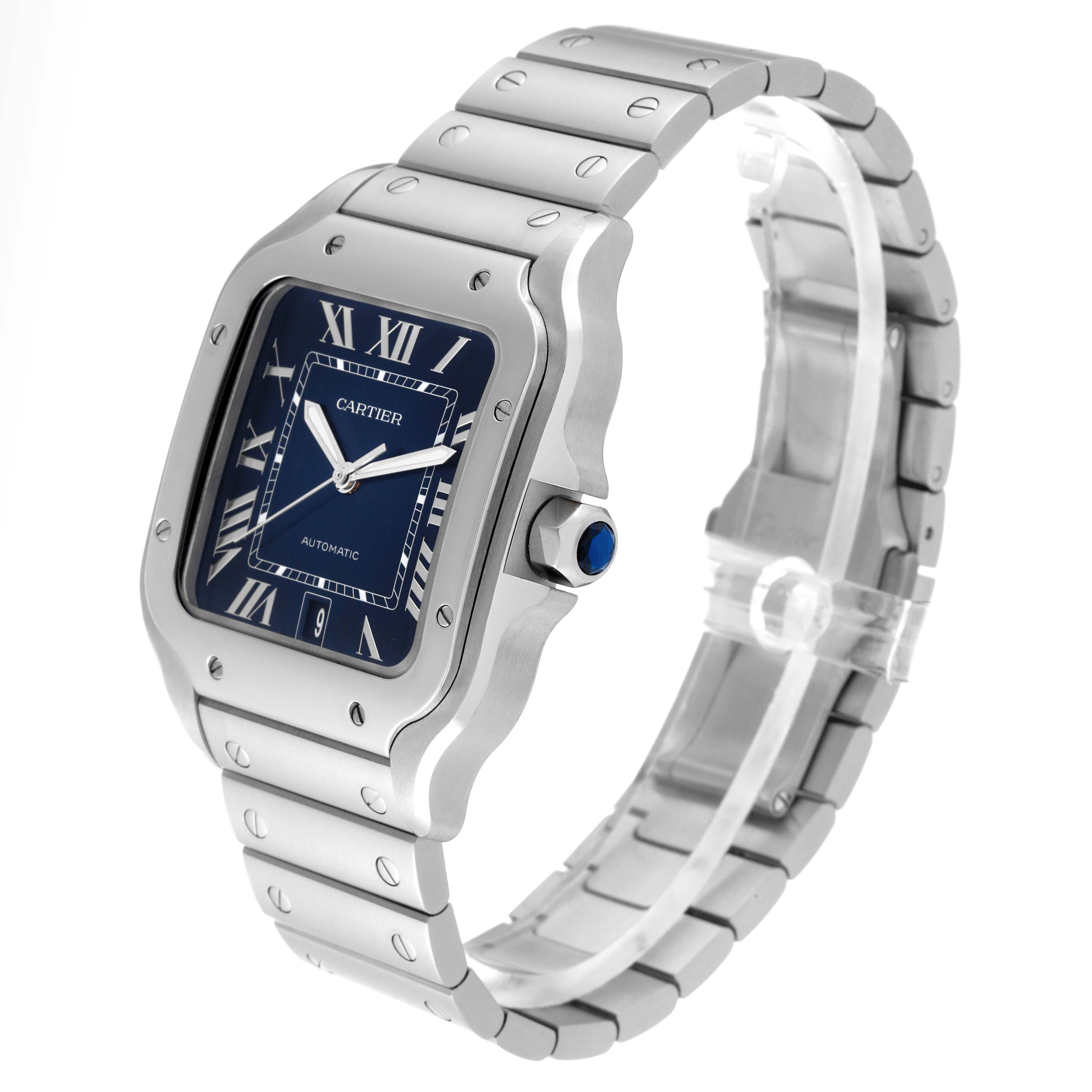 This image shows a side angle of the Cartier Santos WSSA0030 Men's Stainless Steel Blue Dial WSSA0030 Men's Stainless Steel Blue Dial watch, featuring the face, bezel, crown, and bracelet.
