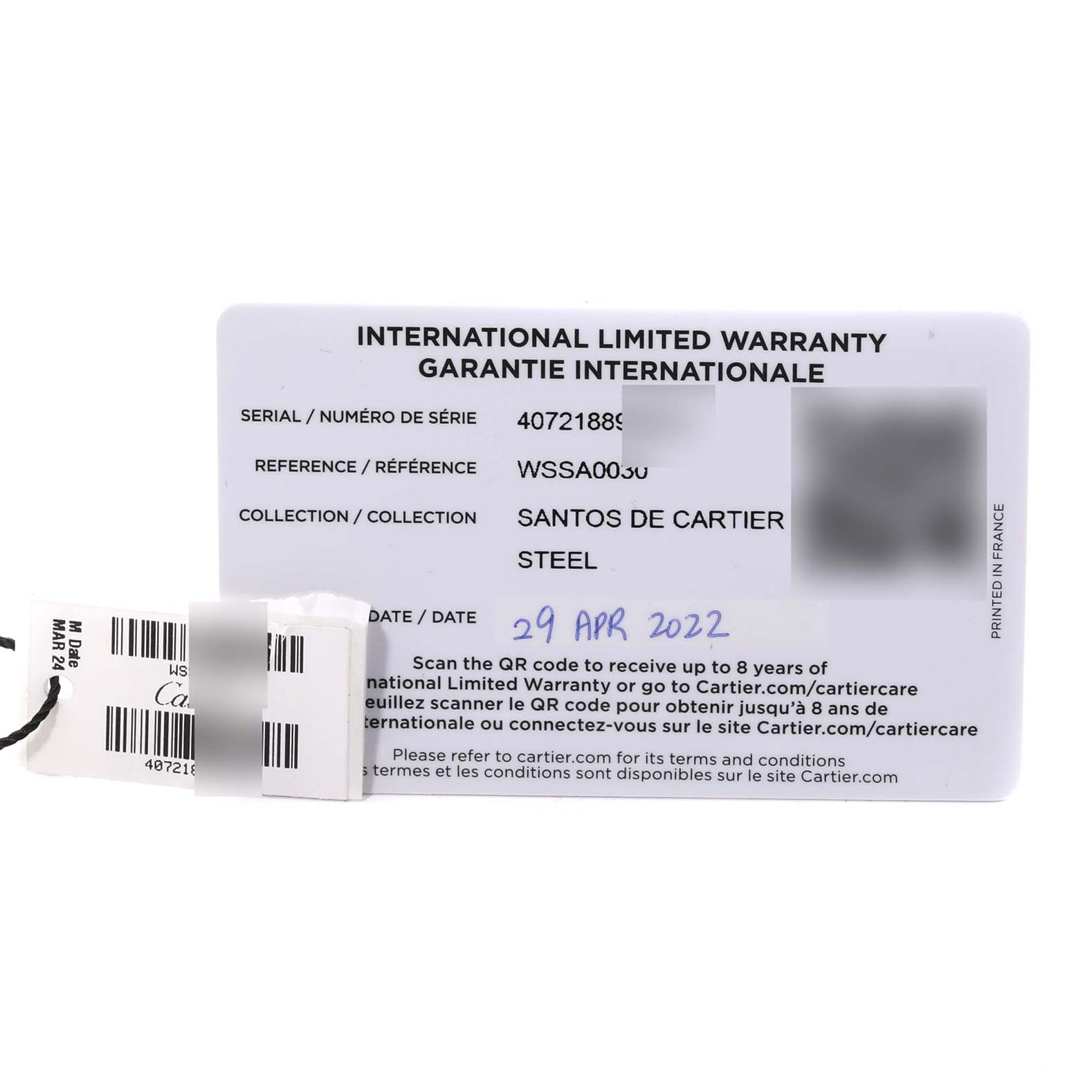 The image shows the international limited warranty card for the Cartier Santos WSSA0030 Men's Stainless Steel Blue Dial WSSA0030 Men's Stainless Steel Blue Dial model watch.