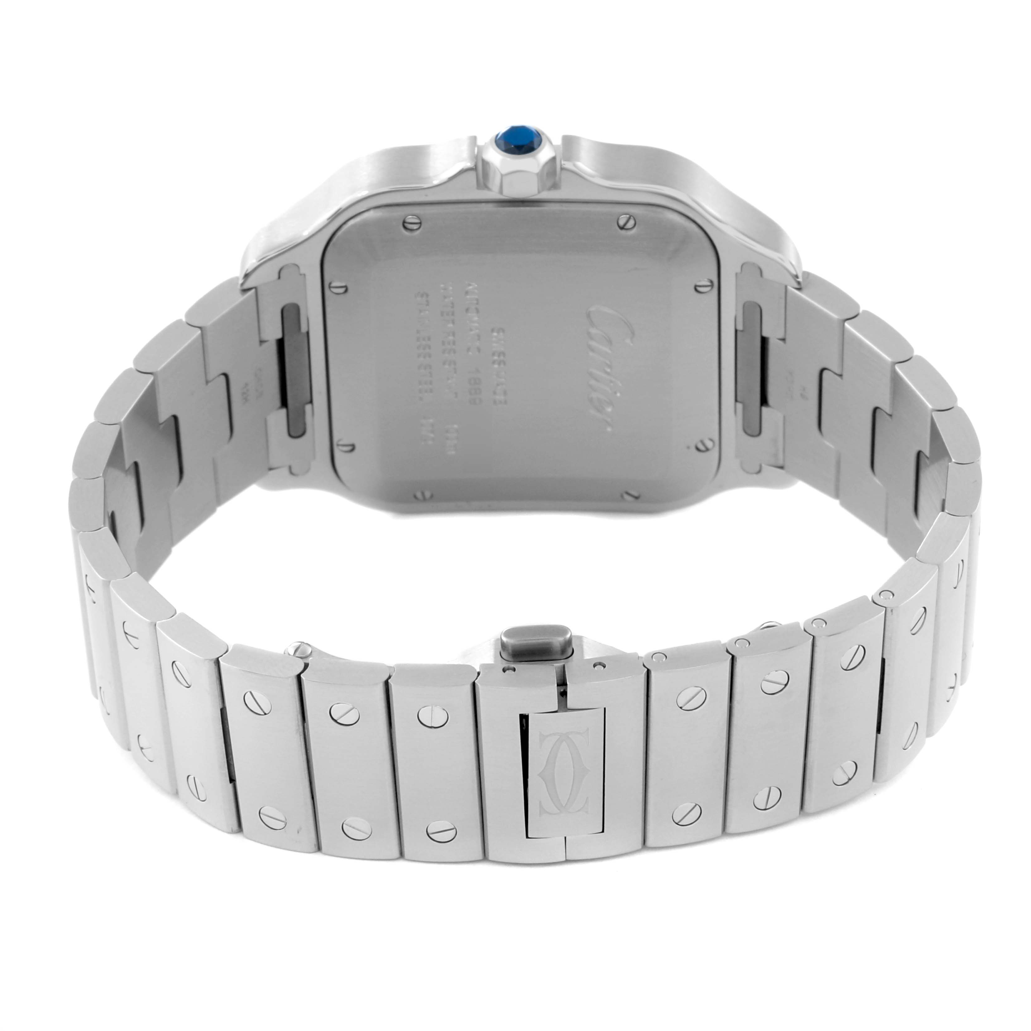 This image shows the back and bracelet of a Cartier Santos WSSA0030 Men's Stainless Steel Blue Dial WSSA0030 Men's Stainless Steel Blue Dial watch, displaying its clasp and case back details.