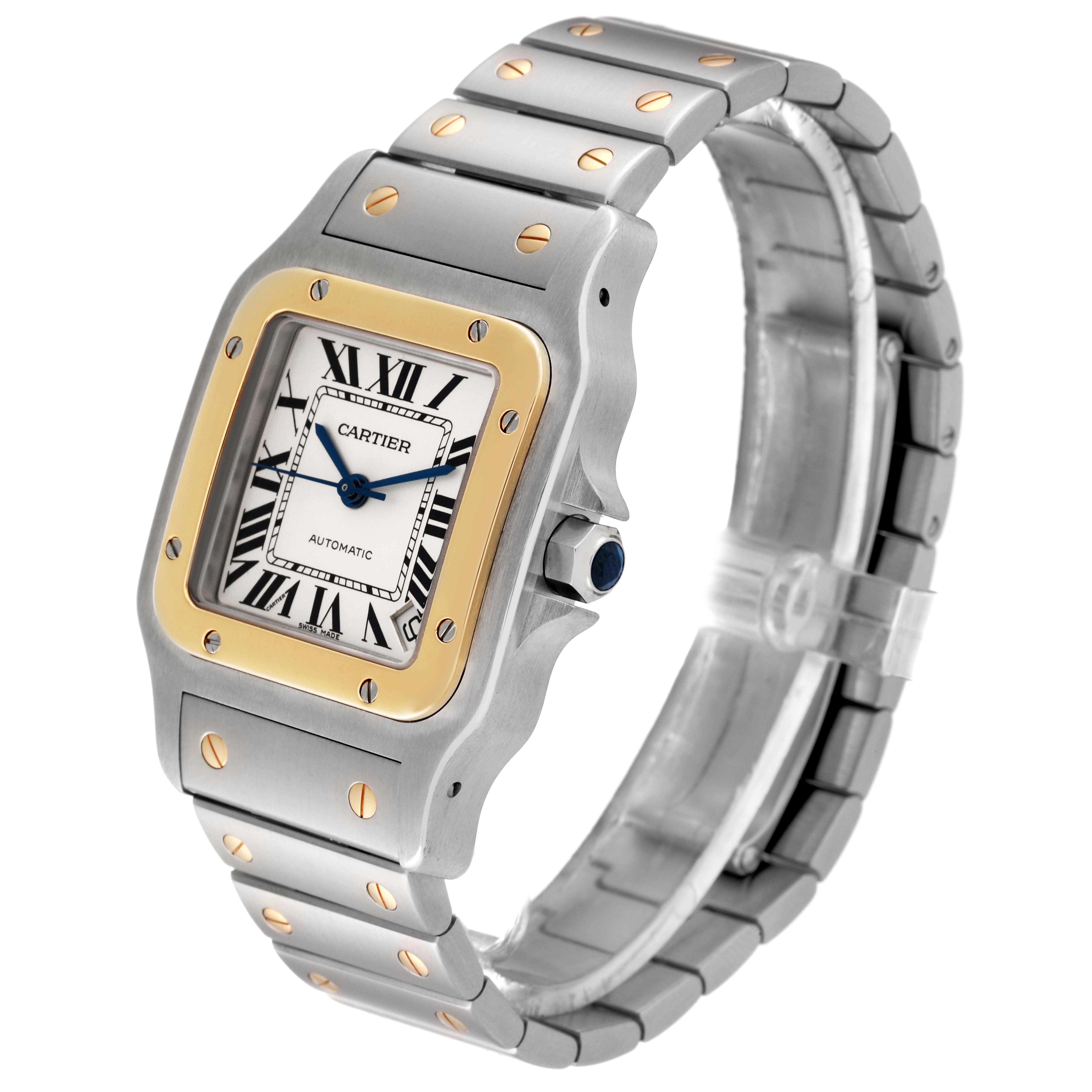 The image shows a Cartier Santos W20099C4 Men
s Steel and Gold (two tone) Silver Dial W20099C4 Men
s Steel and Gold (two tone) Silver Dial watch at a three-quarter angle, highlighting its face, bezel, and bracelet.