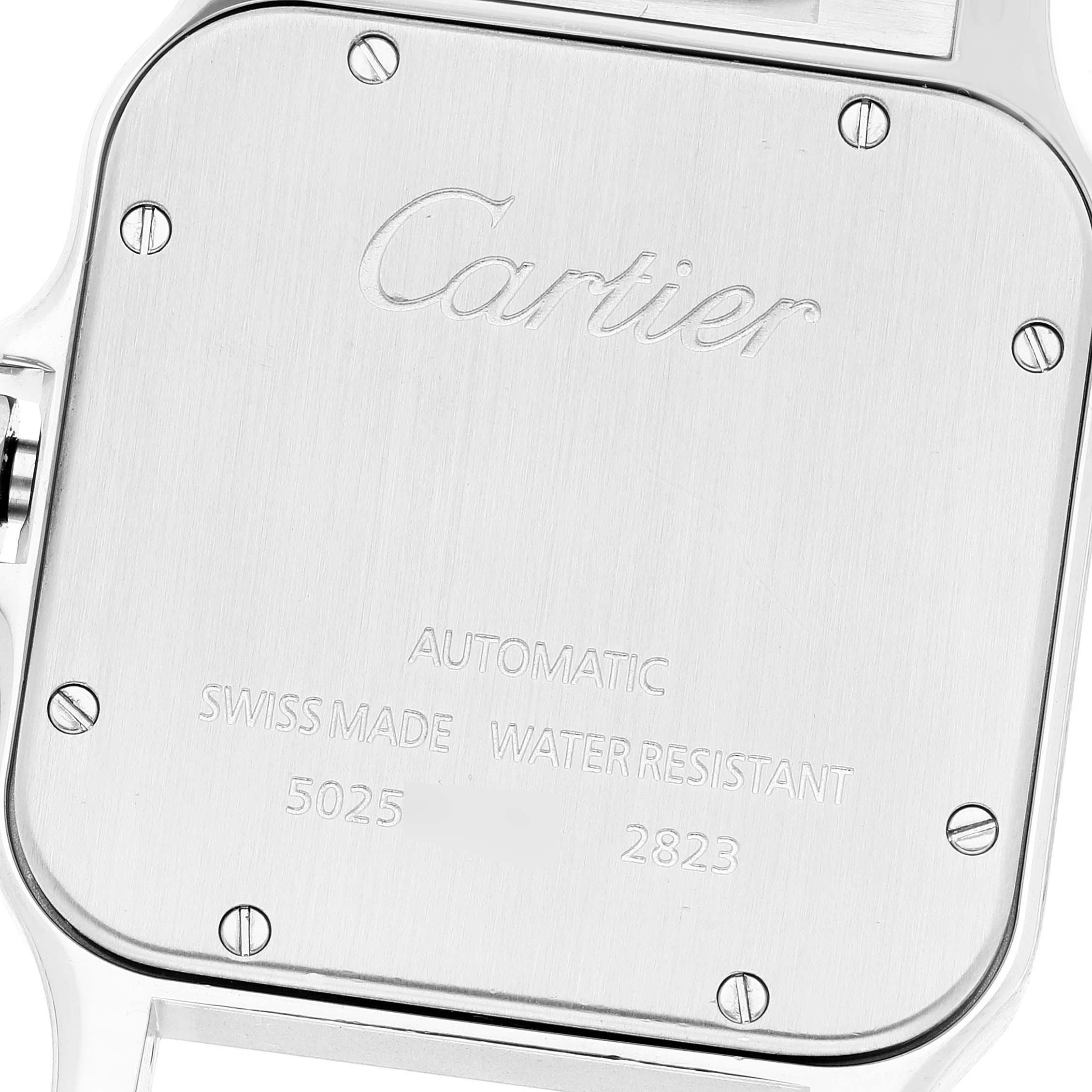 The image shows the back case of a Santos model by Cartier, highlighting the brand name and specifications.