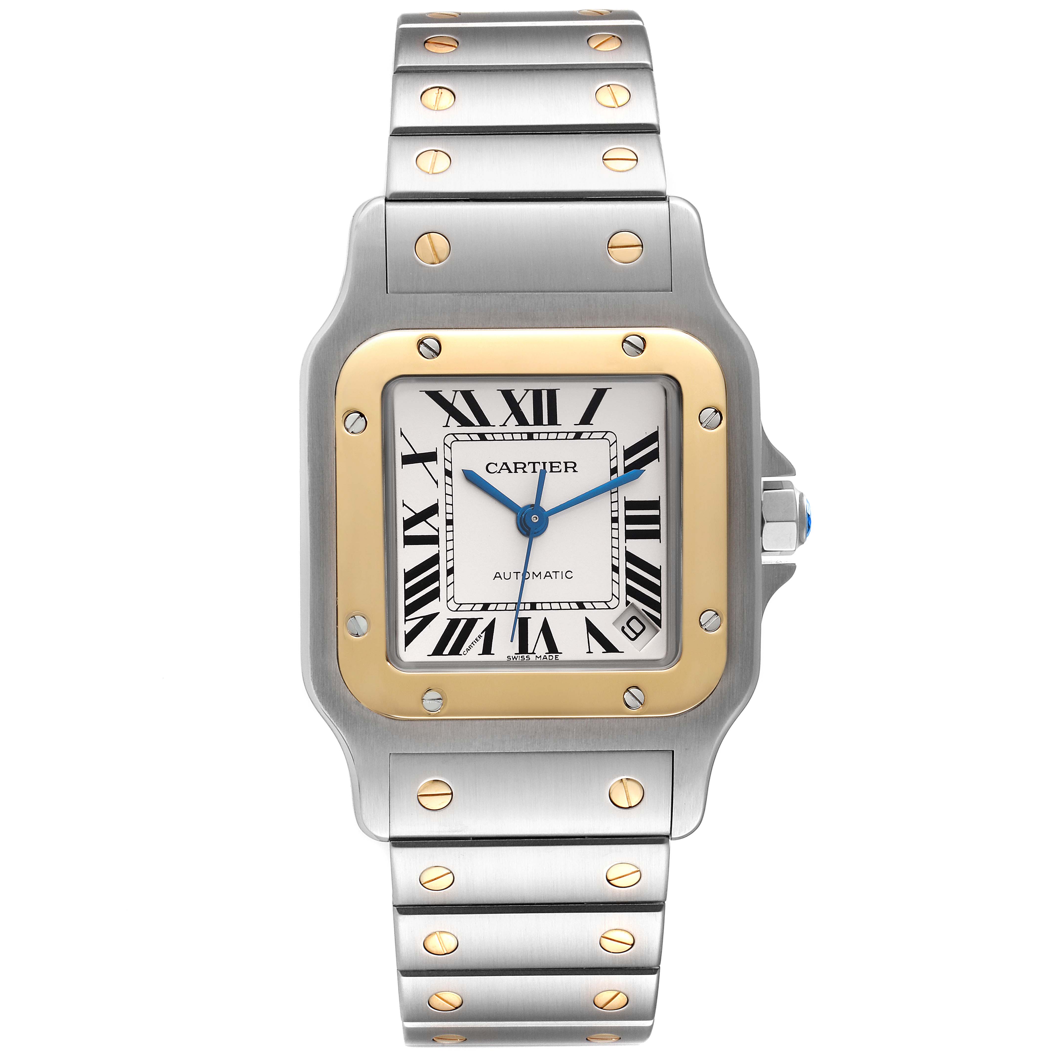 This image shows a frontal view of the Cartier Santos W20099C4 Men
s Steel and Gold (two tone) Silver Dial W20099C4 Men
s Steel and Gold (two tone) Silver Dial watch, displaying its dial, bezel, and part of the bracelet.