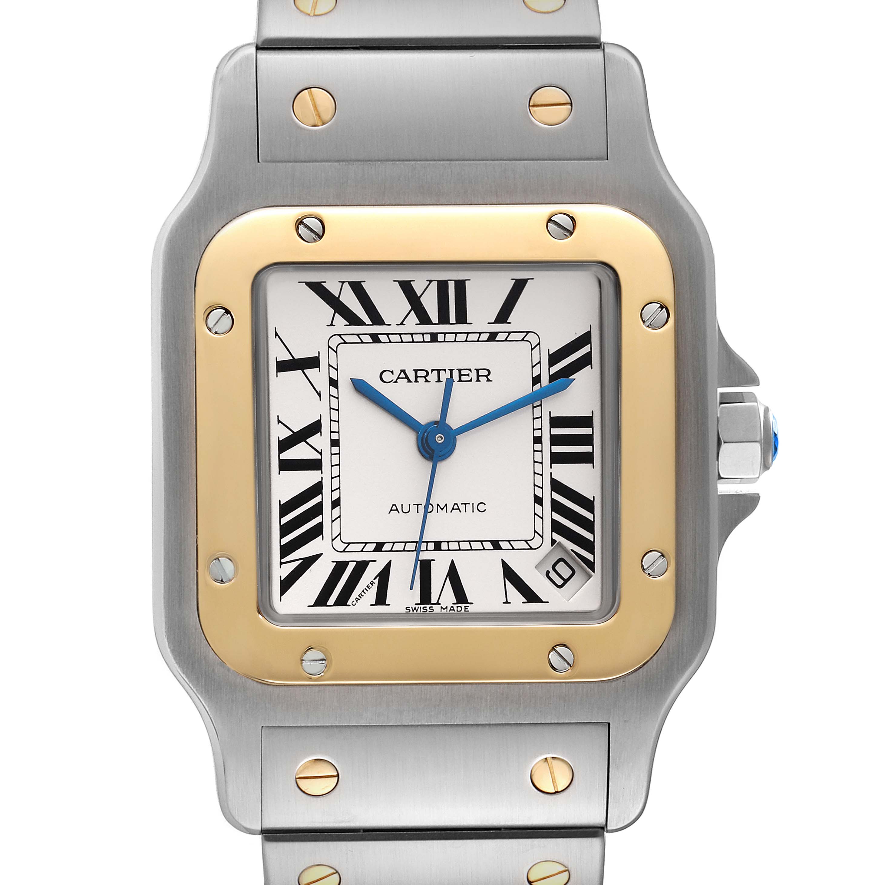 This image shows a close-up, front view of a Cartier Santos W20099C4 Men
s Steel and Gold (two tone) Silver Dial W20099C4 Men
s Steel and Gold (two tone) Silver Dial watch, highlighting its dial, bezel, and part of the bracelet.
