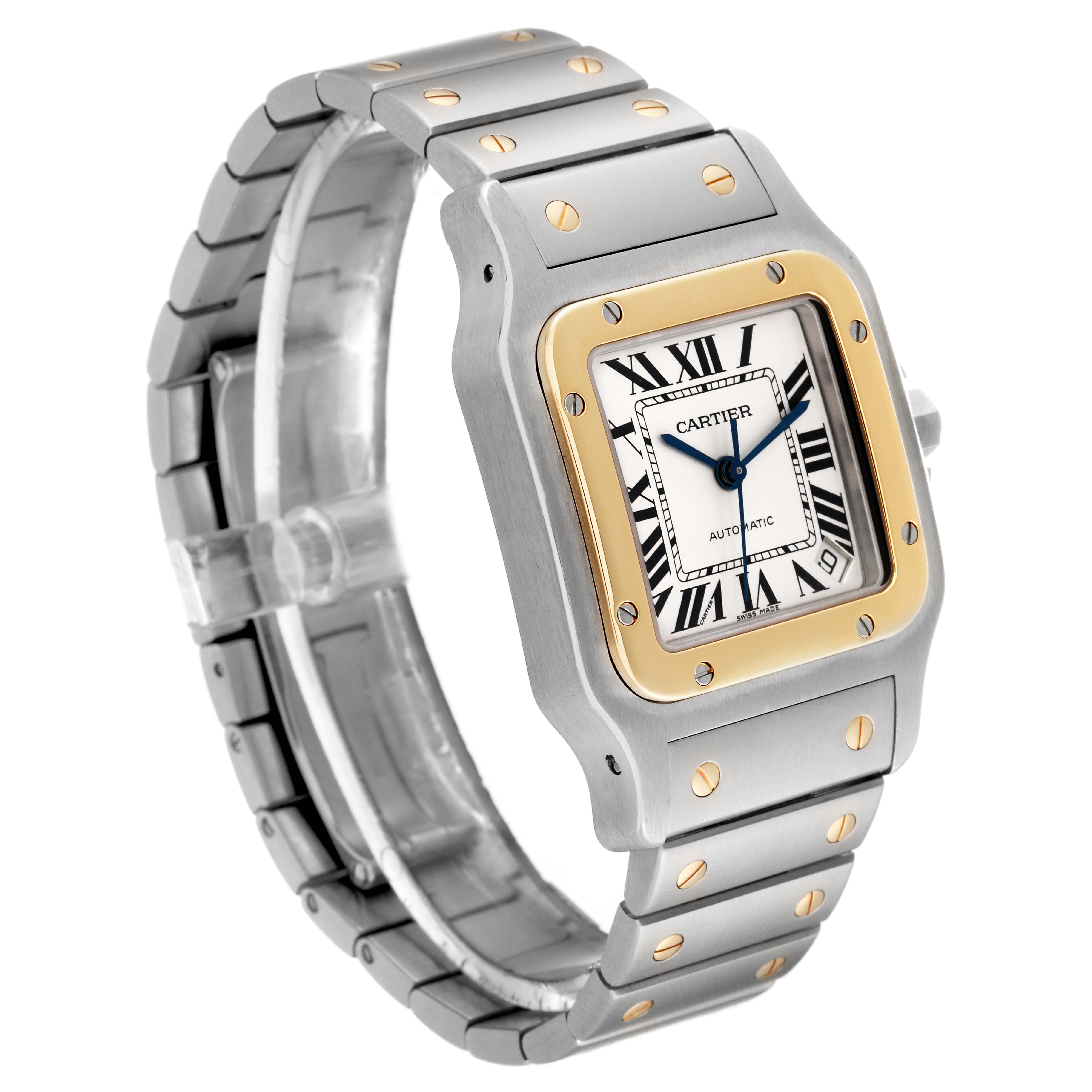 The Cartier Santos W20099C4 Men
s Steel and Gold (two tone) Silver Dial W20099C4 Men
s Steel and Gold (two tone) Silver Dial watch is shown from a front angle, displaying the dial, case, and bracelet.