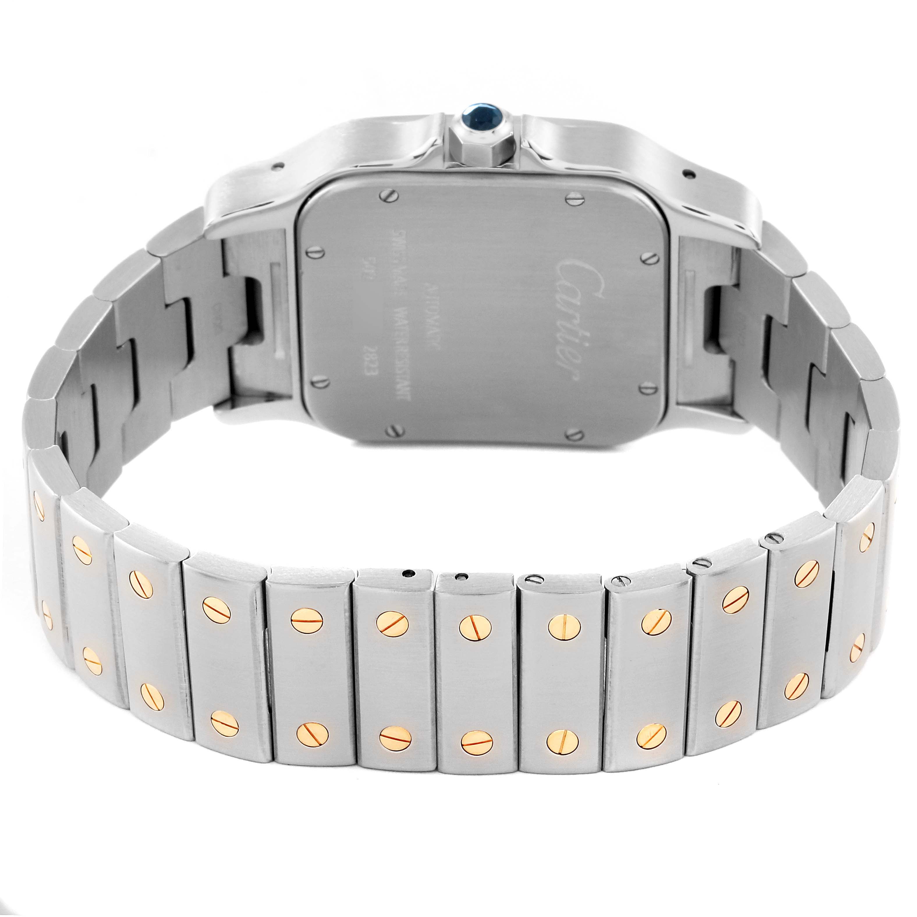 This image shows the back casing and stainless steel bracelet of a Santos model watch by Cartier.