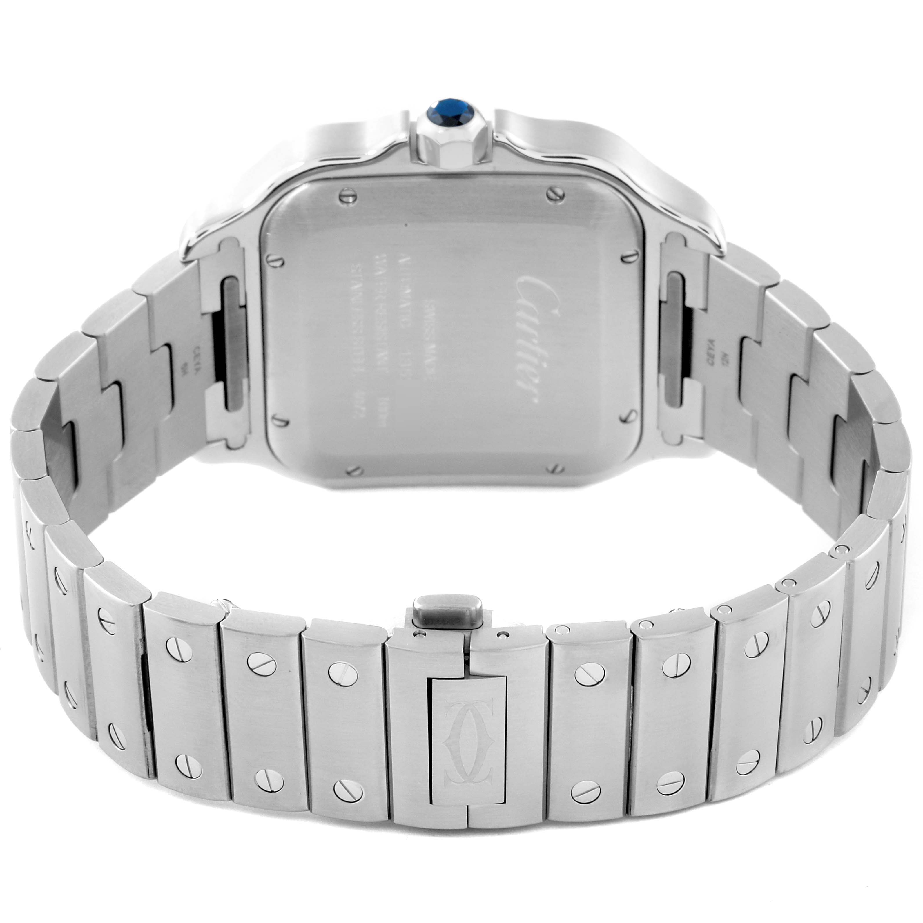 The image shows the back view of the Cartier Santos WSSA0018 Men
s Stainless Steel Silver Dial WSSA0018 Men
s Stainless Steel Silver Dial watch, highlighting the case back, crown with a blue gem, and metal bracelet.