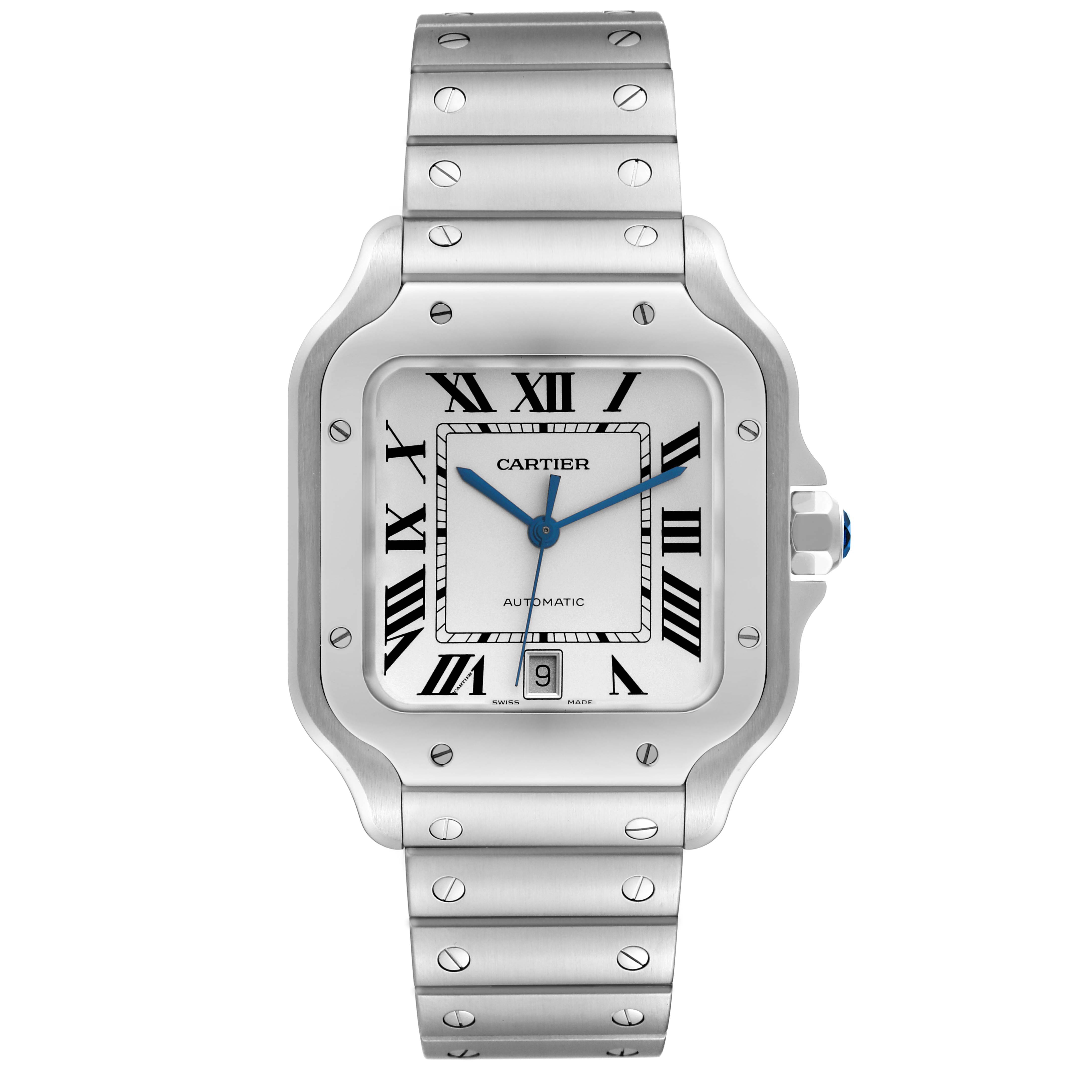 The image displays a front view of the Cartier Santos WSSA0018 Men
s Stainless Steel Silver Dial WSSA0018 Men
s Stainless Steel Silver Dial watch, showcasing its dial, bracelet, and screws on the bezel.