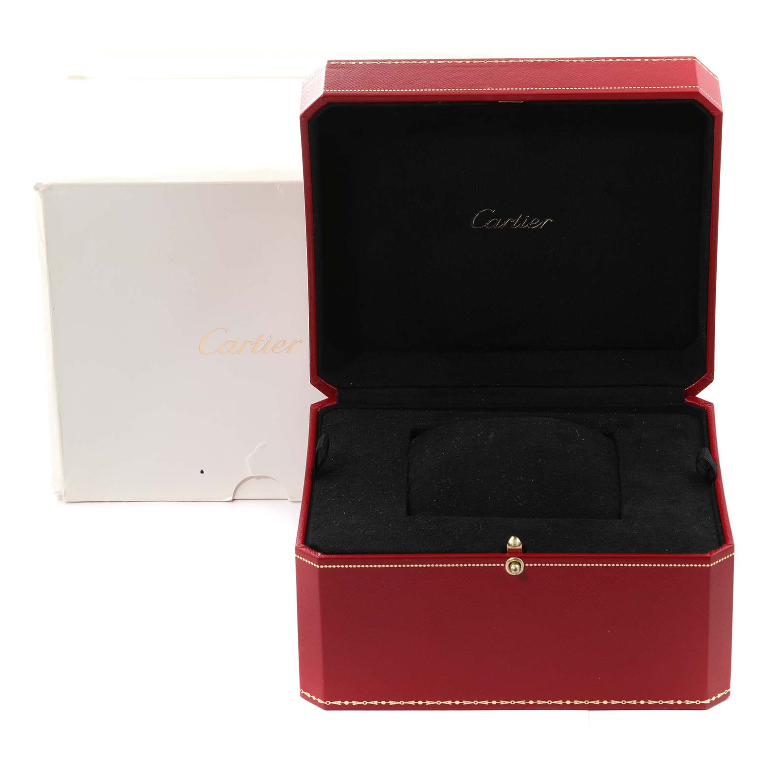 This image shows an open red watch box for the Cartier Santos WSSA0018 Men
s Stainless Steel Silver Dial WSSA0018 Men
s Stainless Steel Silver Dial model, with a black interior cushion and a closed white outer box in the background.