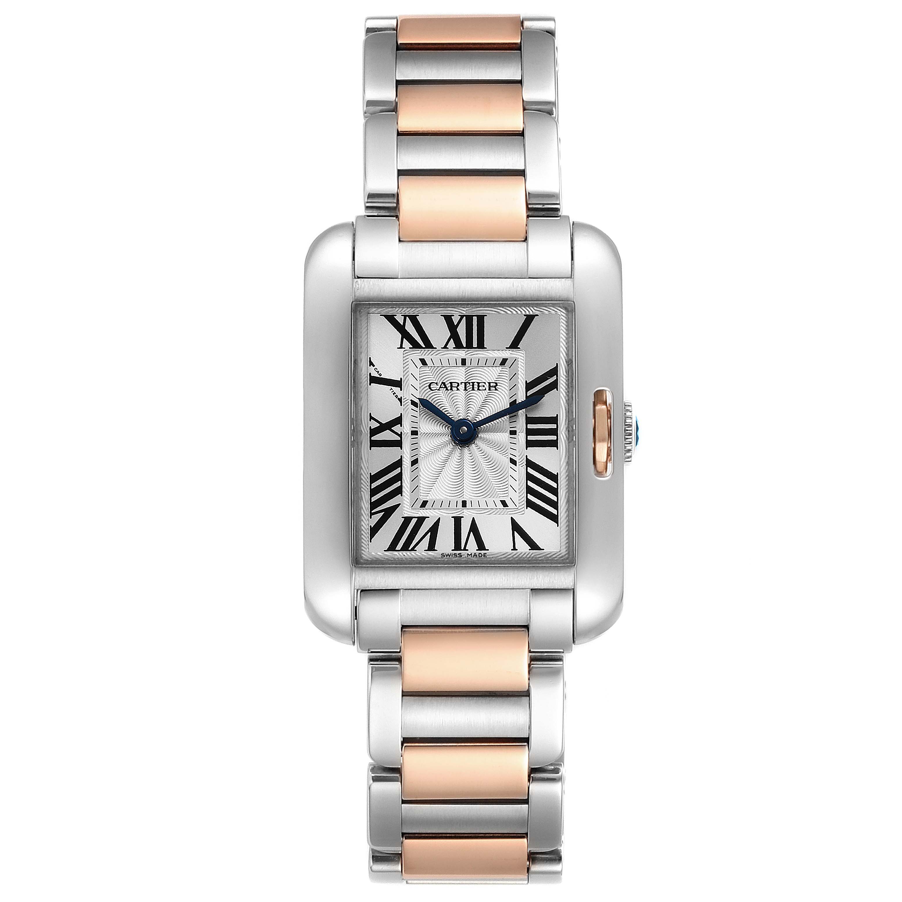 The image shows a Cartier Tank Anglaise W5310036 Women's Steel and Gold (two tone) Silver Dial W5310036 Women's Steel and Gold (two tone) Silver Dial watch from a front angle, highlighting the face, bezel, and two-tone bracelet.