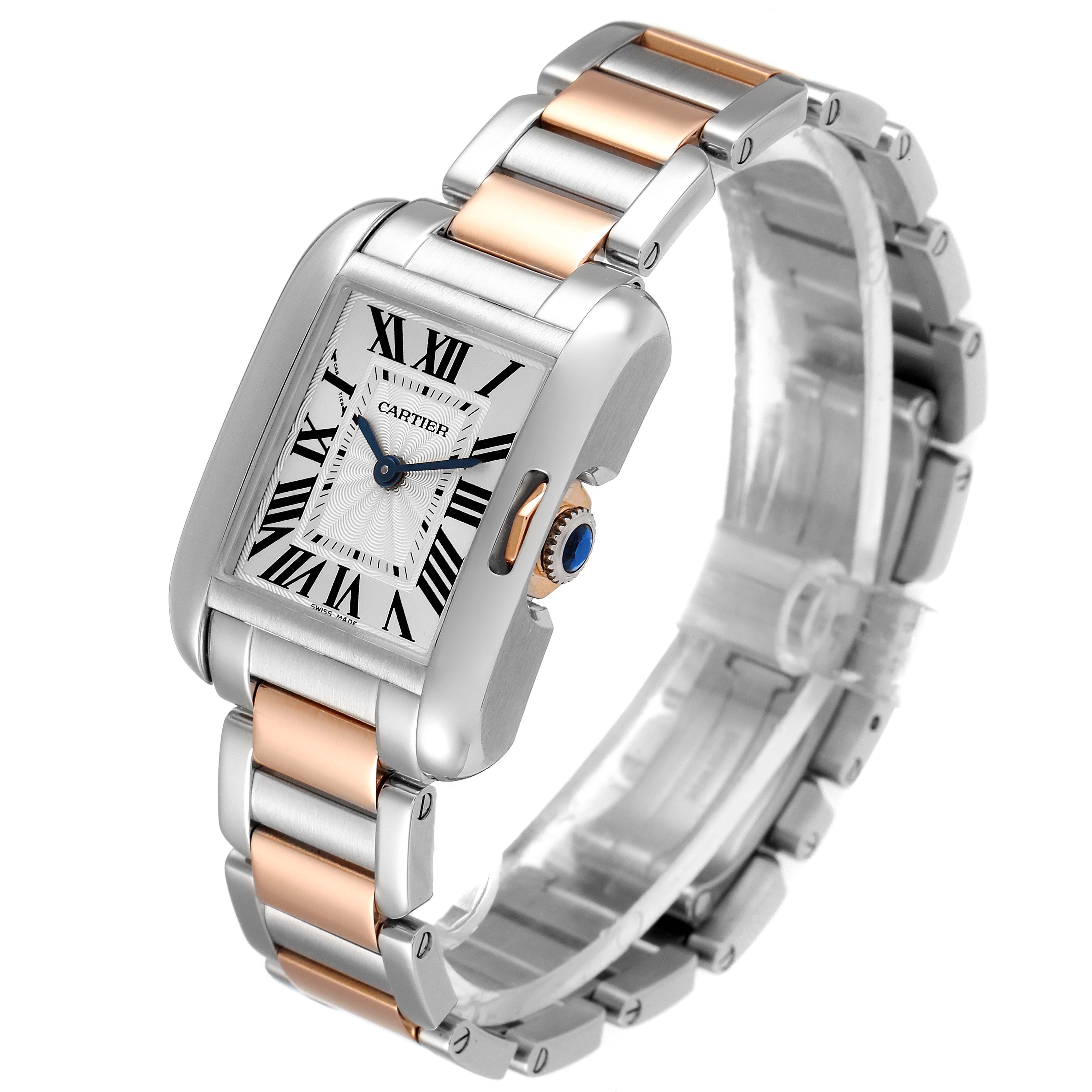 The angled view of this Cartier Tank Anglaise W5310036 Women's Steel and Gold (two tone) Silver Dial W5310036 Women's Steel and Gold (two tone) Silver Dial model showcases the dial, crown, and two-tone metal bracelet.