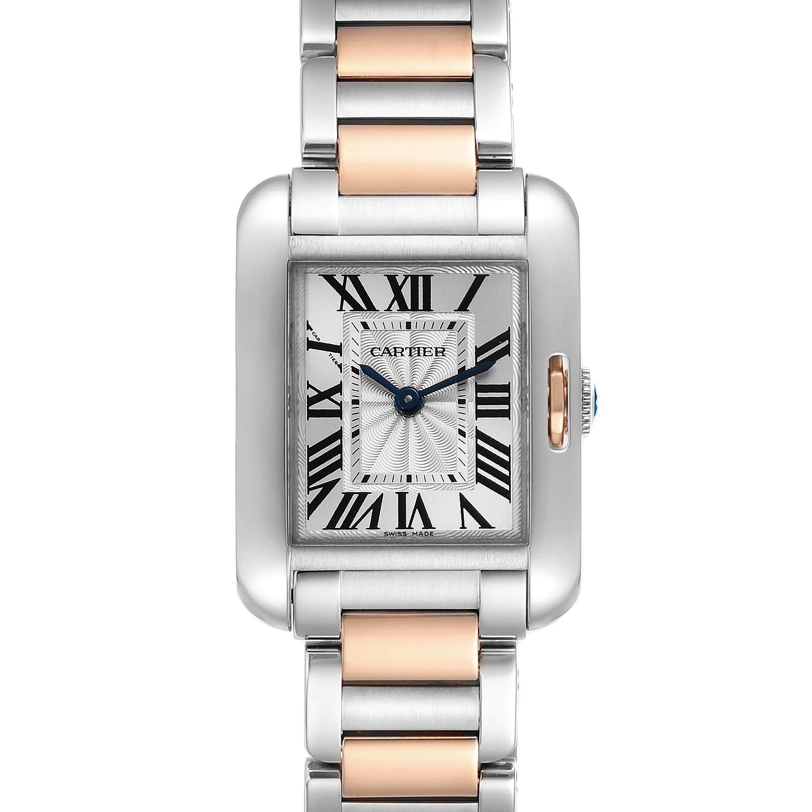 The Cartier Tank Anglaise W5310036 Women's Steel and Gold (two tone) Silver Dial W5310036 Women's Steel and Gold (two tone) Silver Dial watch is shown front-facing, displaying the watch face, bezel, and two-tone metal bracelet.