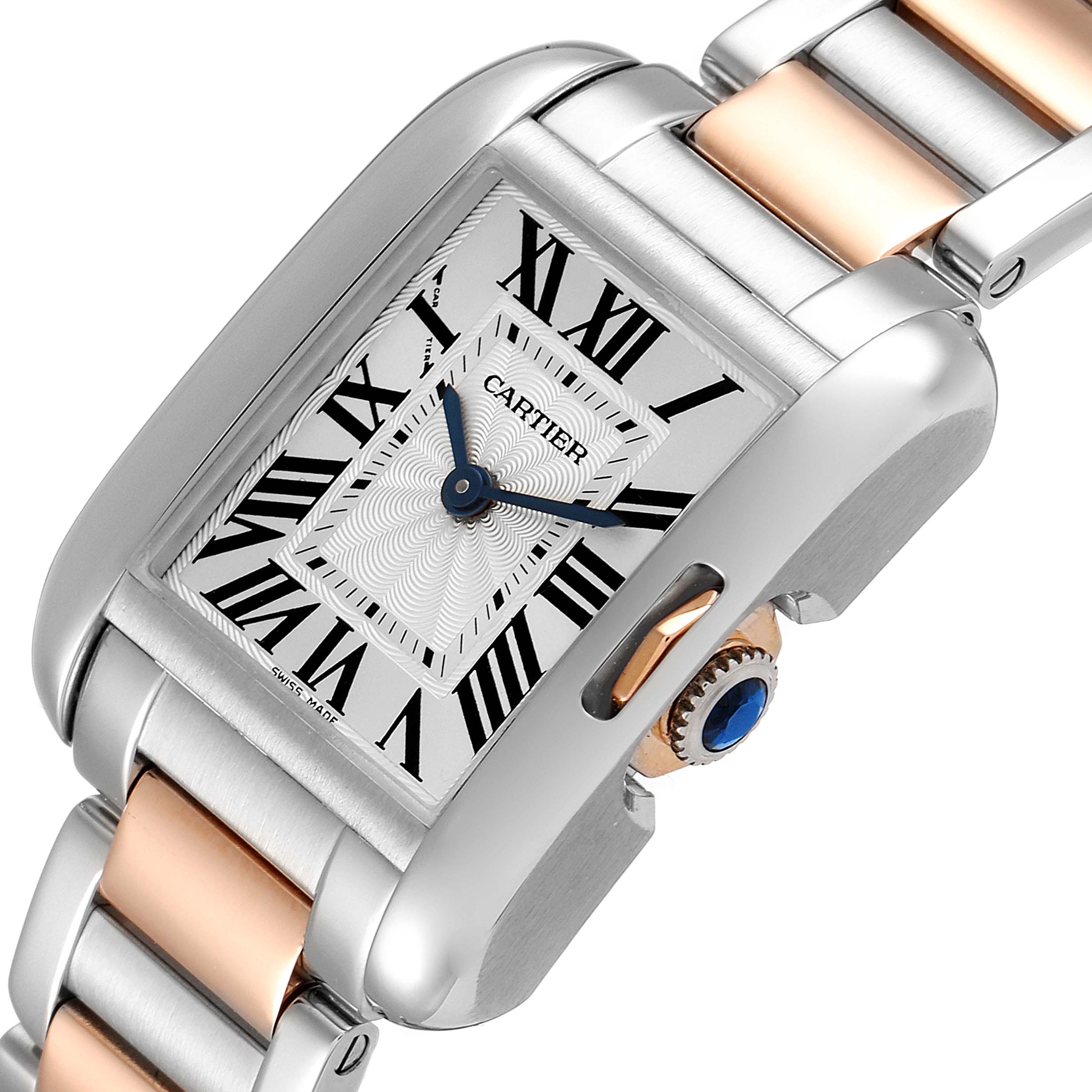The image shows a close-up side angle of the Cartier Tank Anglaise W5310036 Women's Steel and Gold (two tone) Silver Dial W5310036 Women's Steel and Gold (two tone) Silver Dial watch, highlighting its face, crown, and part of the bracelet.