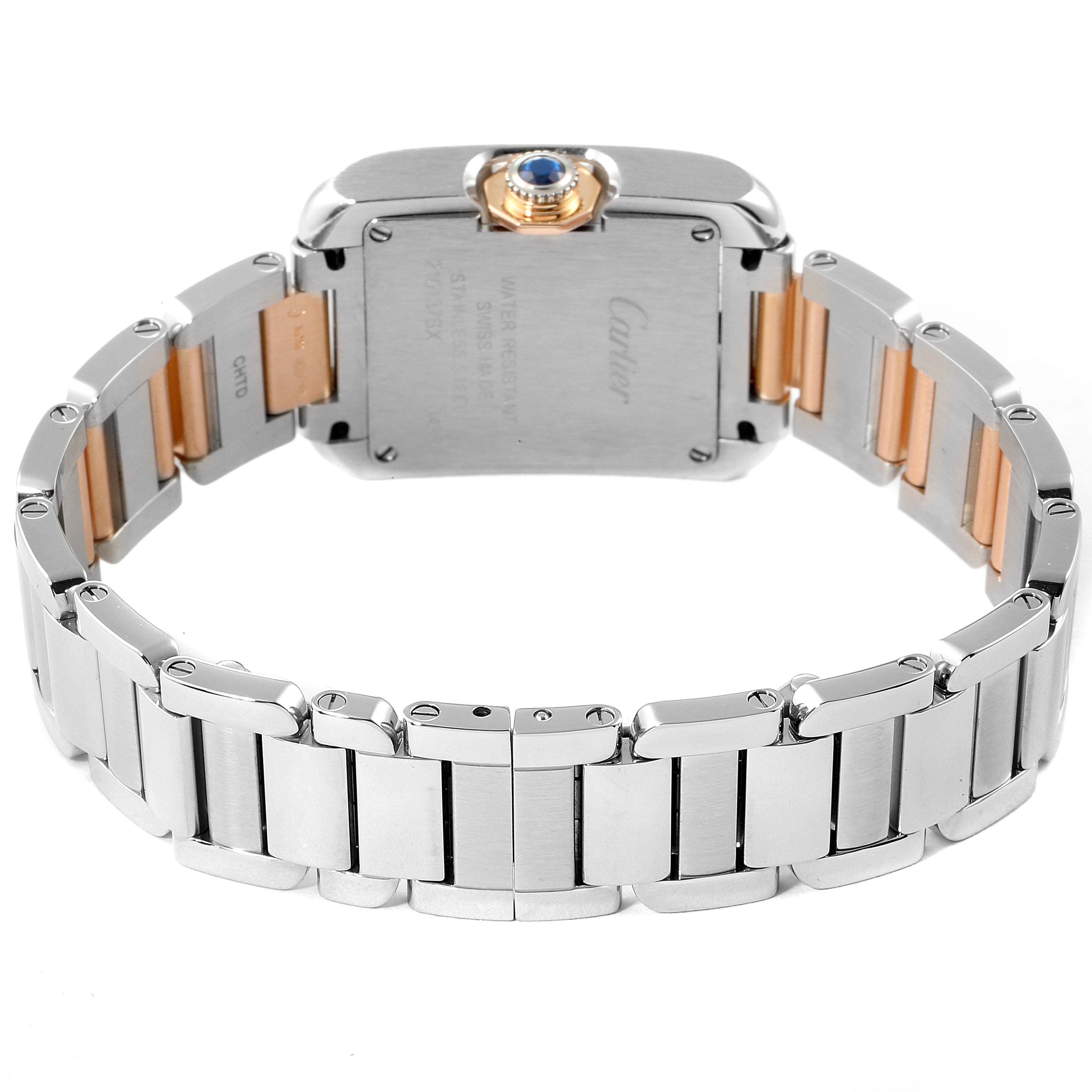 This image shows the back of a Cartier Tank Anglaise W5310036 Women's Steel and Gold (two tone) Silver Dial W5310036 Women's Steel and Gold (two tone) Silver Dial watch, highlighting its stainless steel bracelet and case back.