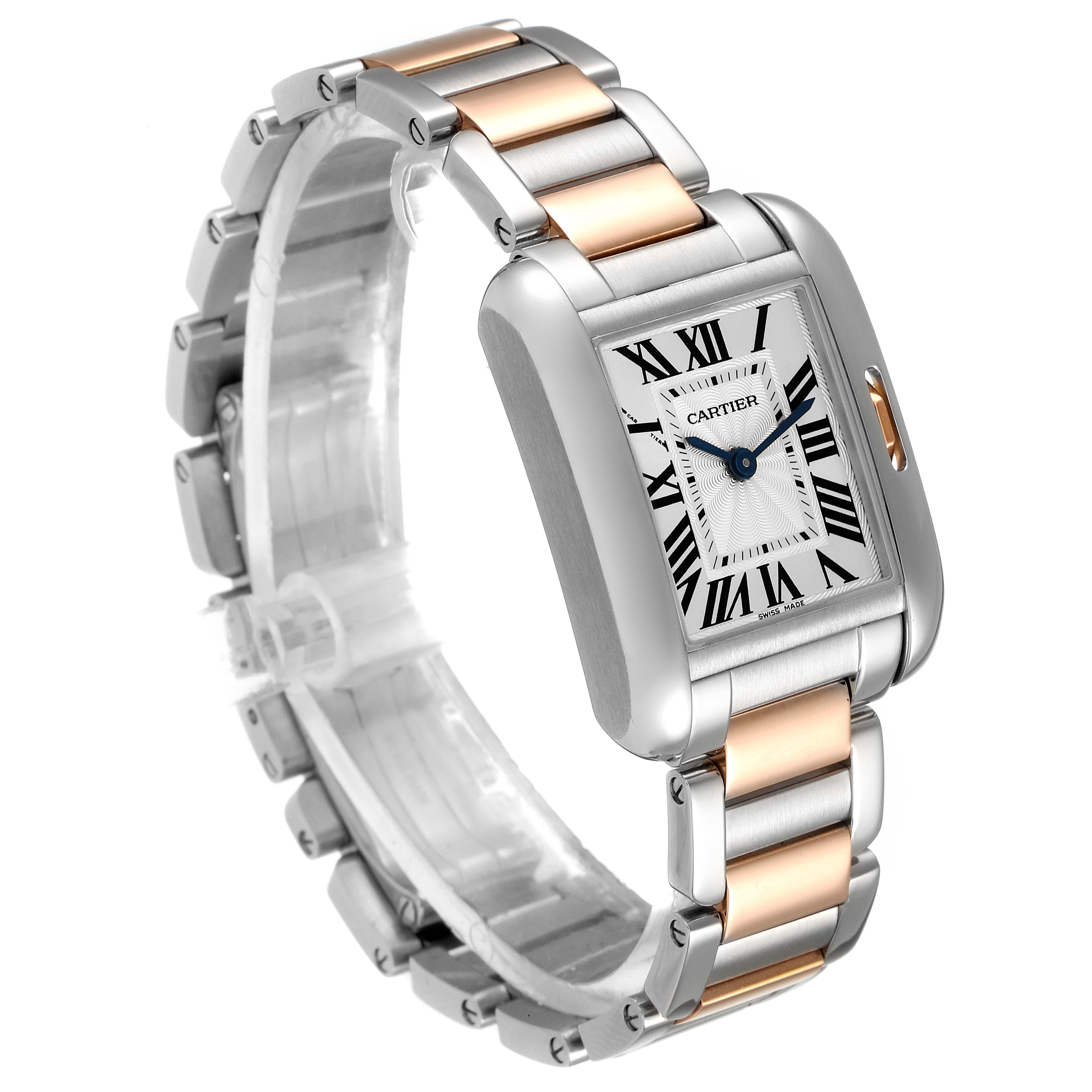 This image shows a Tank Anglaise model watch by Cartier at a three-quarter angle, highlighting the two-tone metal band and rectangular face.