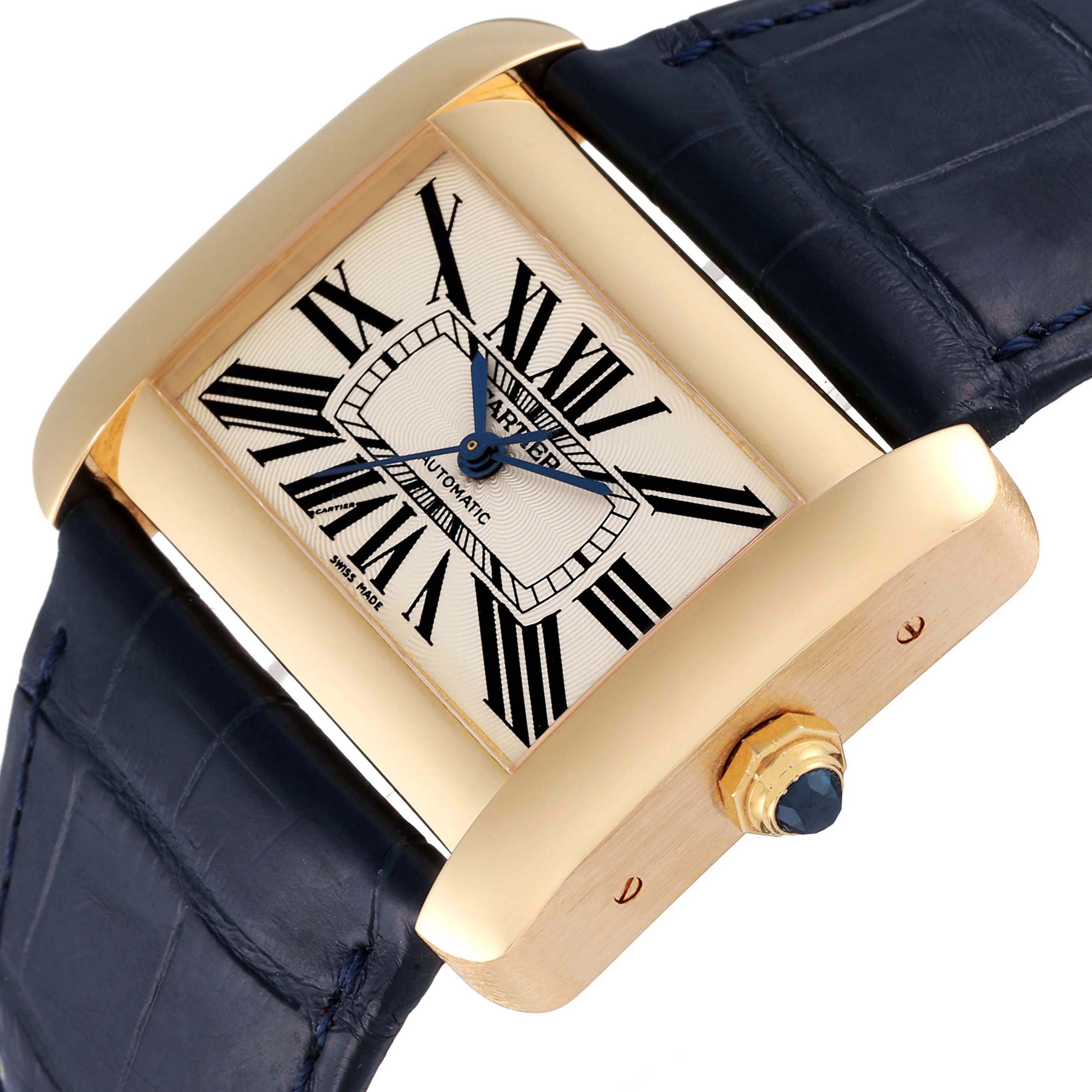 The image shows a Cartier Tank Divan W6300856‏ Women's Yellow Gold Silver Dial W6300856‏ Women's Yellow Gold Silver Dial watch at an angled view, highlighting the face, crown, and leather strap.