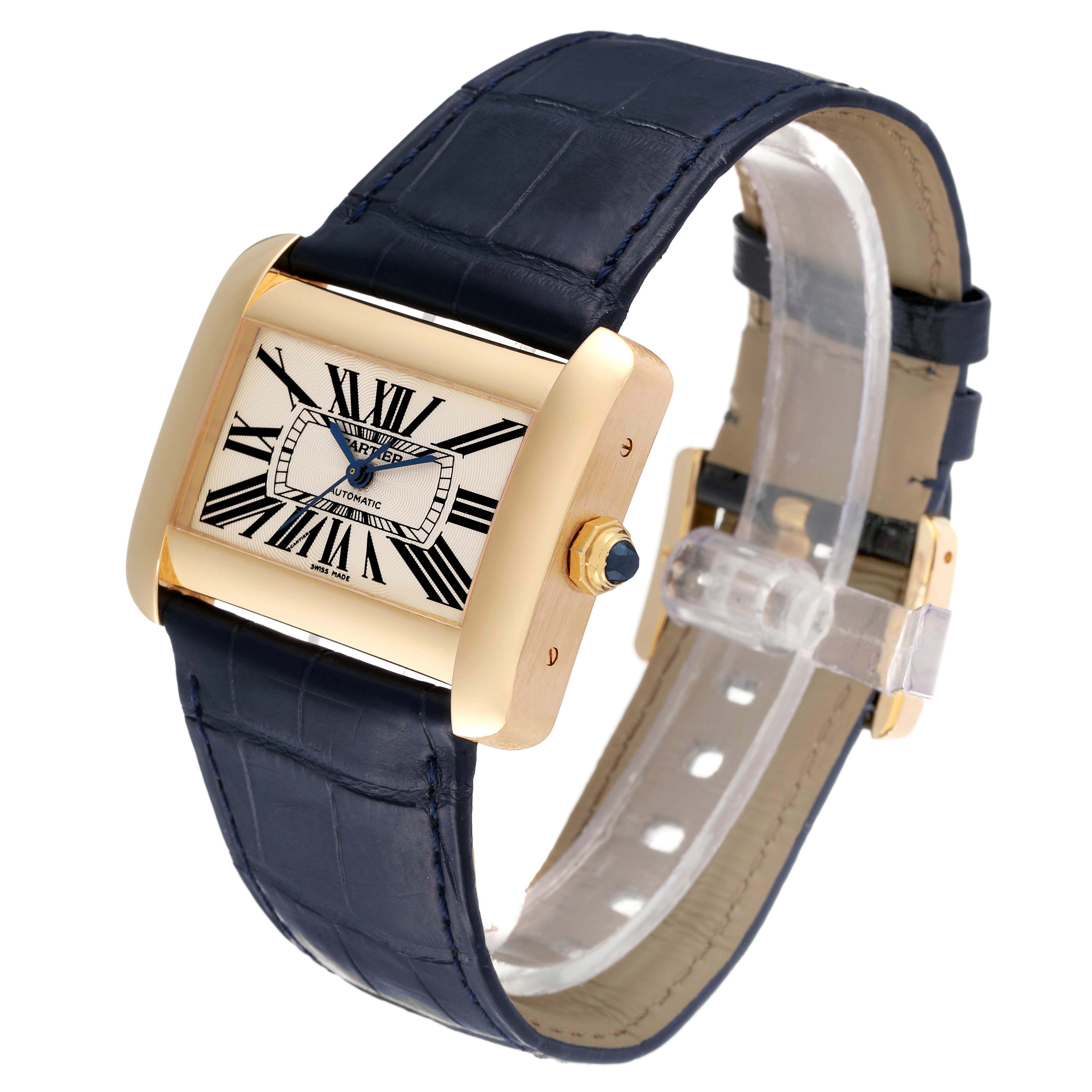The image shows a Cartier Tank Divan W6300856‏ Women's Yellow Gold Silver Dial W6300856‏ Women's Yellow Gold Silver Dial watch at a slight angle, featuring its dial, Roman numerals, gold case, and dark leather strap.