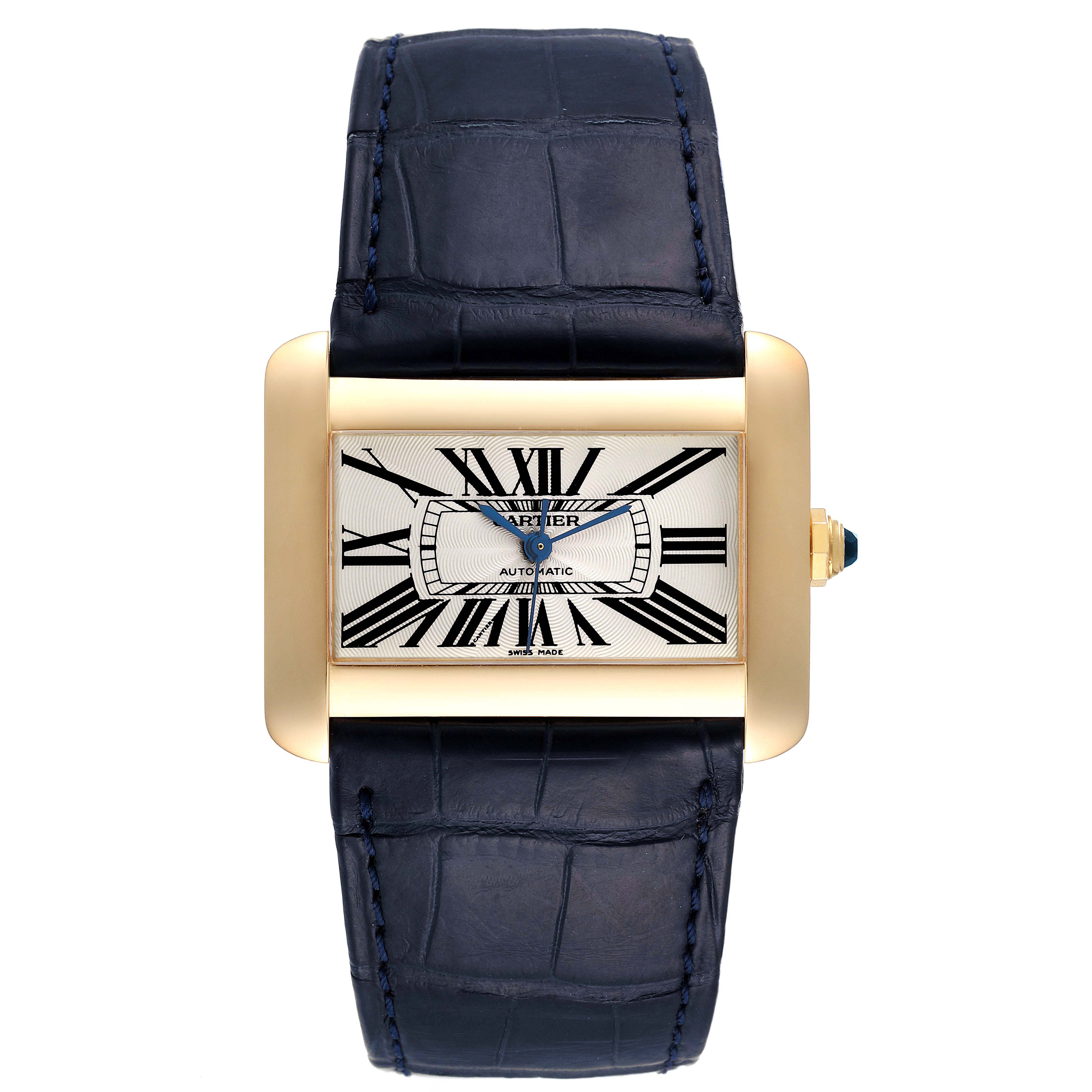 This image shows a front view of the Cartier Tank Divan W6300856‏ Women's Yellow Gold Silver Dial W6300856‏ Women's Yellow Gold Silver Dial watch, highlighting its dial, case, and strap.