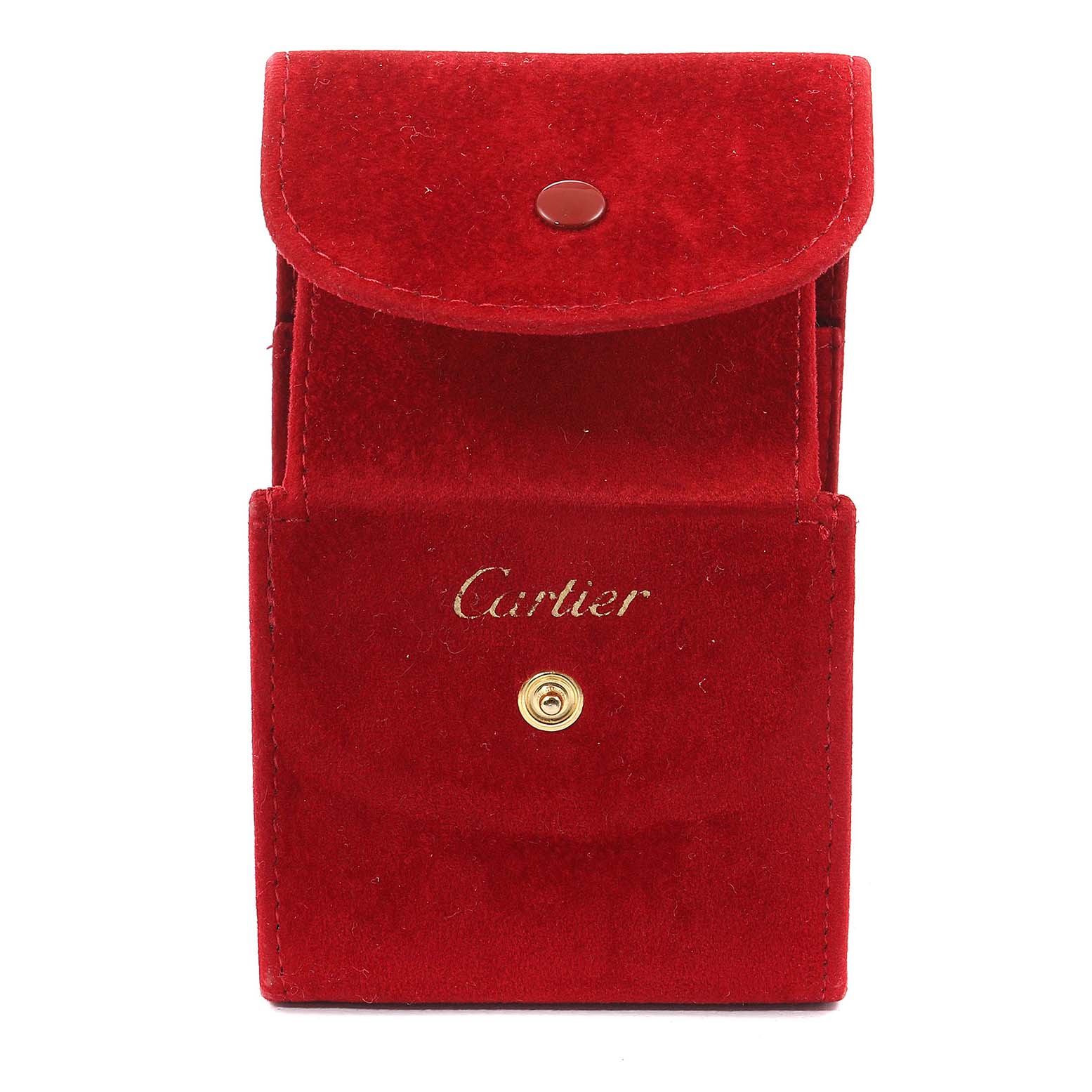 The image shows a red velvet Cartier case for the Tank Francaise model, with the flap open and the Cartier logo visible.