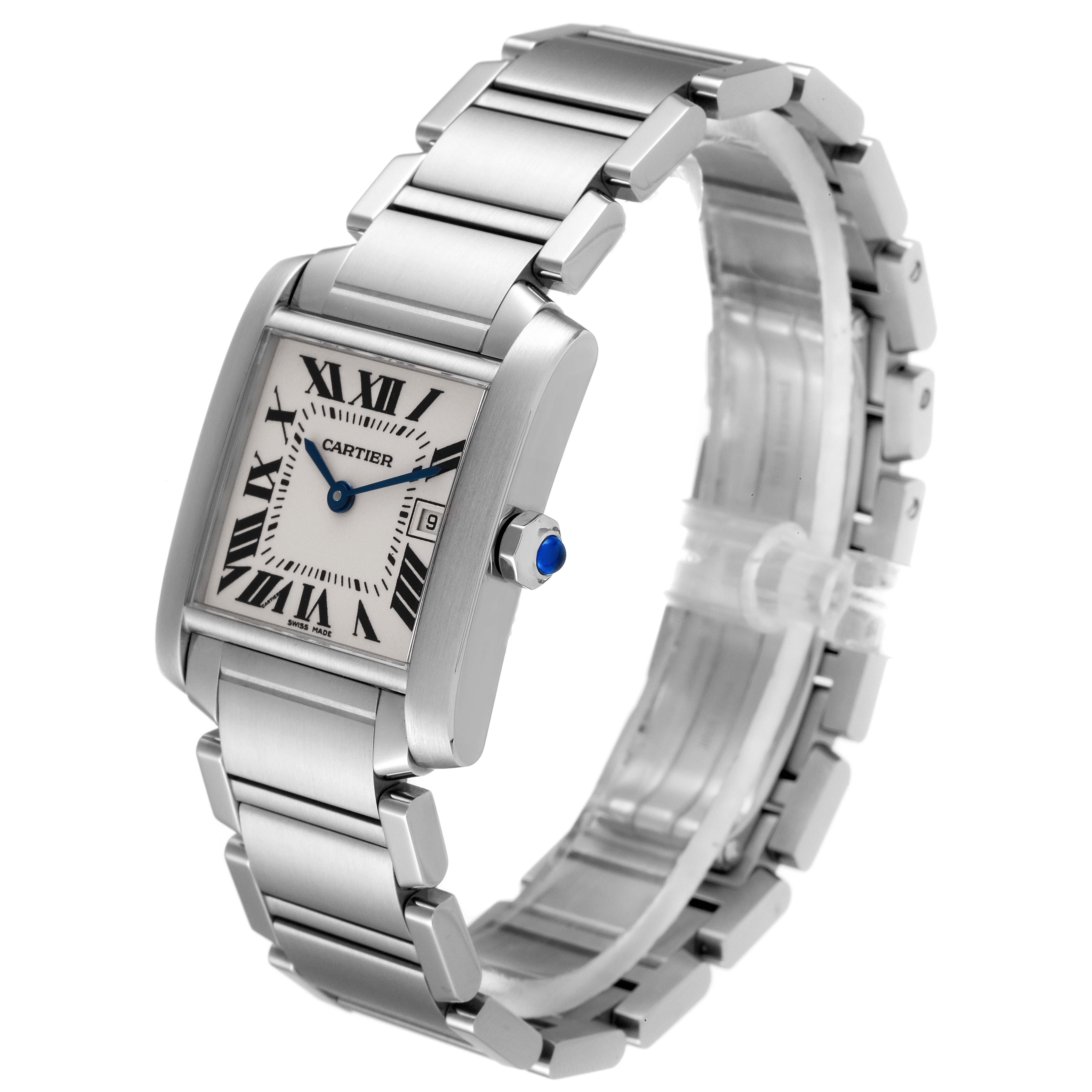 The Cartier Tank Francaise W51011Q3 Women's Stainless Steel Silver Dial W51011Q3 Women's Stainless Steel Silver Dial watch is shown at a slight angle, displaying its face, bezel, crown, and part of the metal bracelet.
