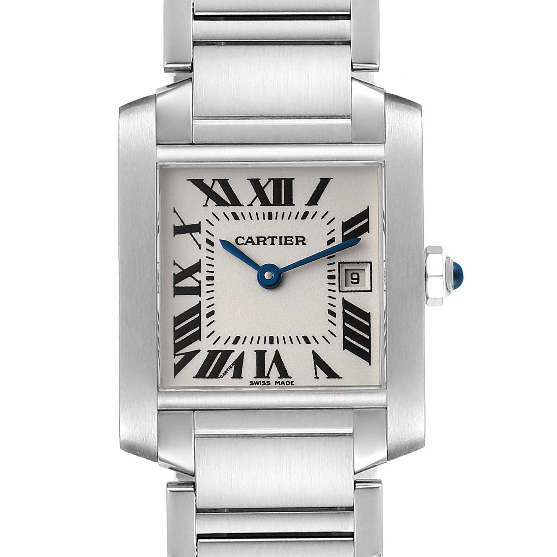 The image shows a close-up of the face of a Cartier Tank Francaise W51011Q3 Women's Stainless Steel Silver Dial W51011Q3 Women's Stainless Steel Silver Dial watch, including the bracelet and crown.