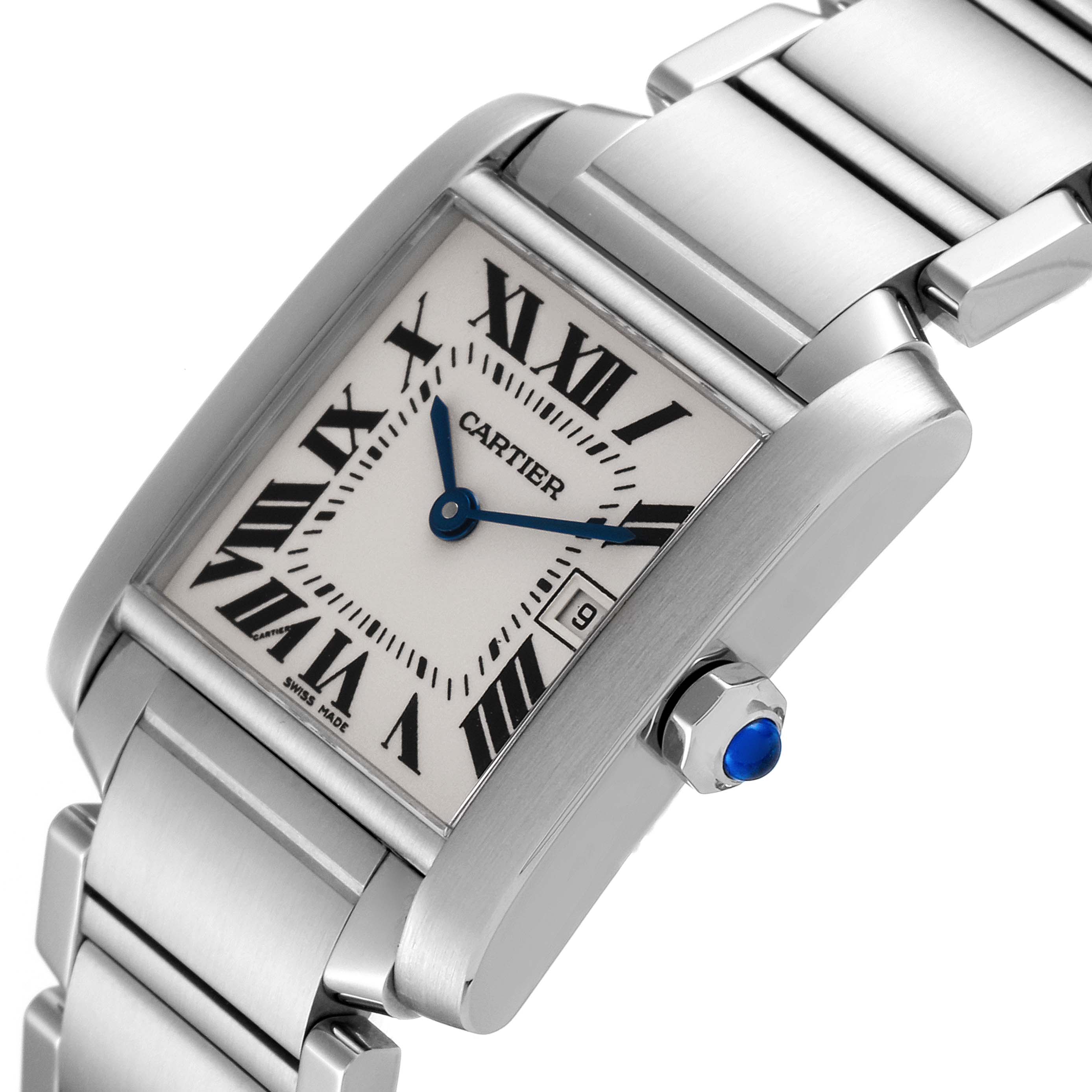 The image shows a close-up of the Cartier Tank Française watch angled to highlight its dial, hands, and bracelet.