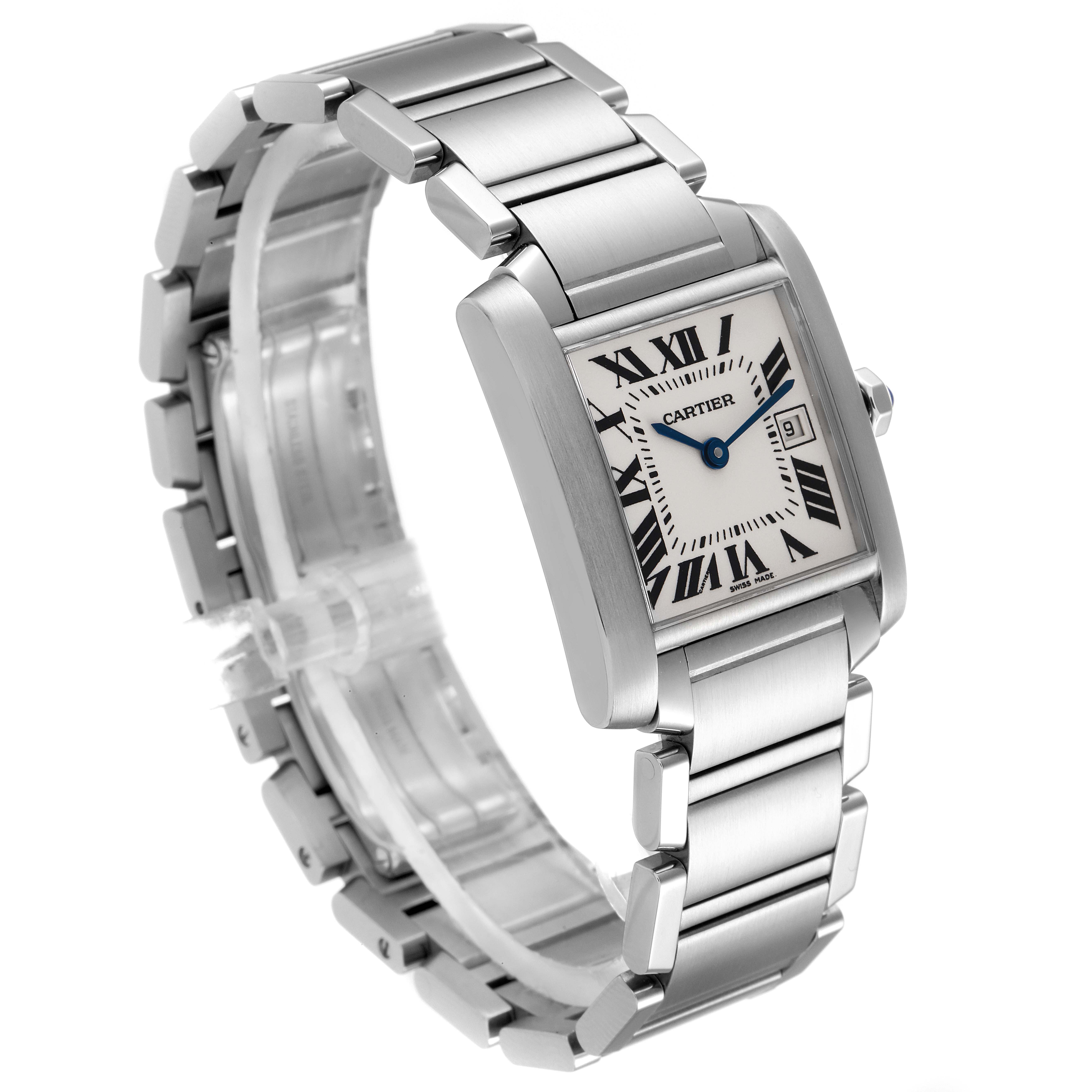 The image shows a Cartier Tank Française watch at a three-quarter angle, highlighting its rectangular face and metal bracelet.